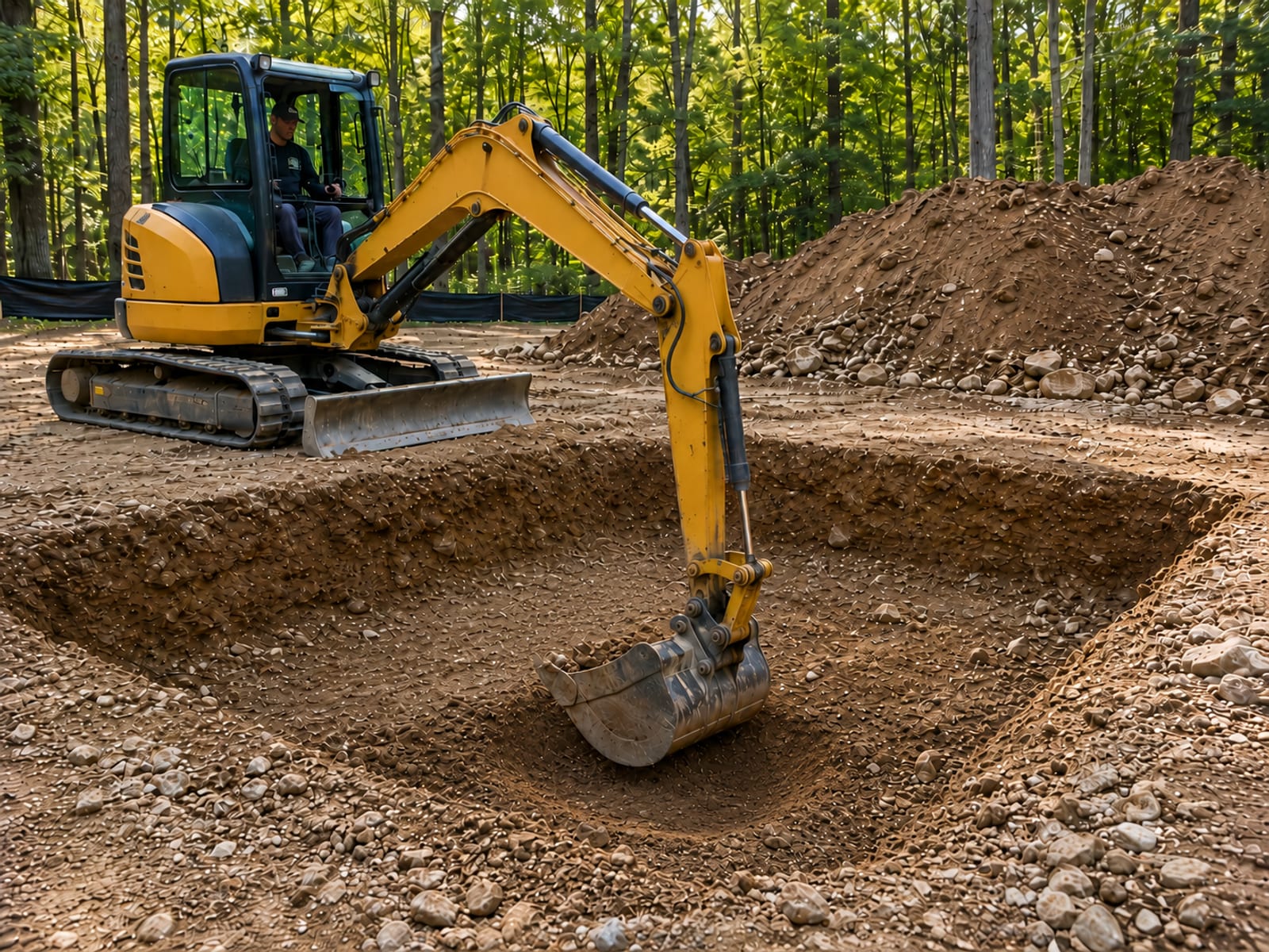 An active residential basement dig in Connecticut with a compact yellow excavator mid-swing over a partially excavated pit showing layered glacial till soil and ledge rock
