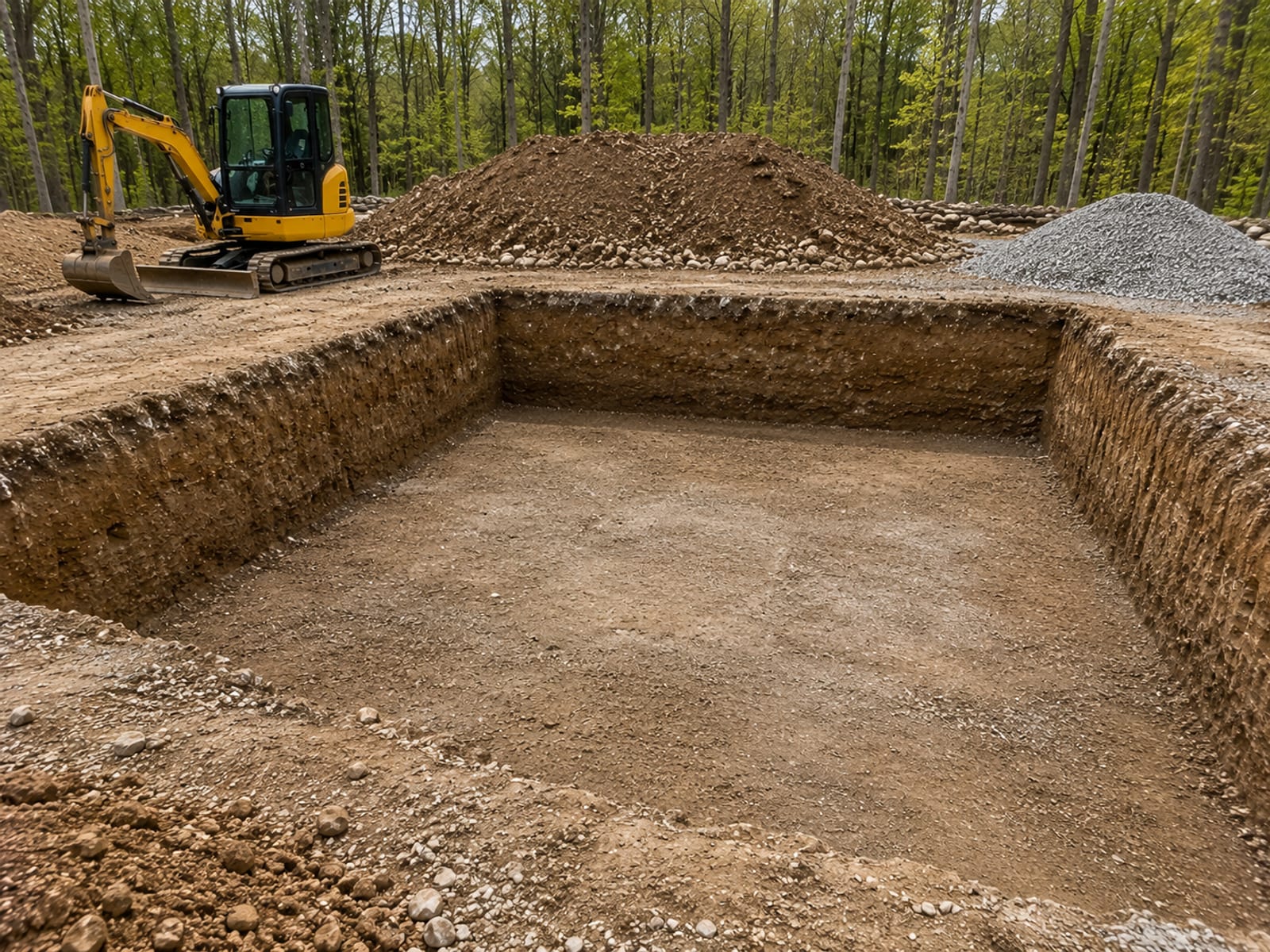 A completed residential basement excavation pit in Connecticut with a flat compacted floor and clean sidewalls ready for footing forms, surrounded by graded spoil and a colonial home in the background
