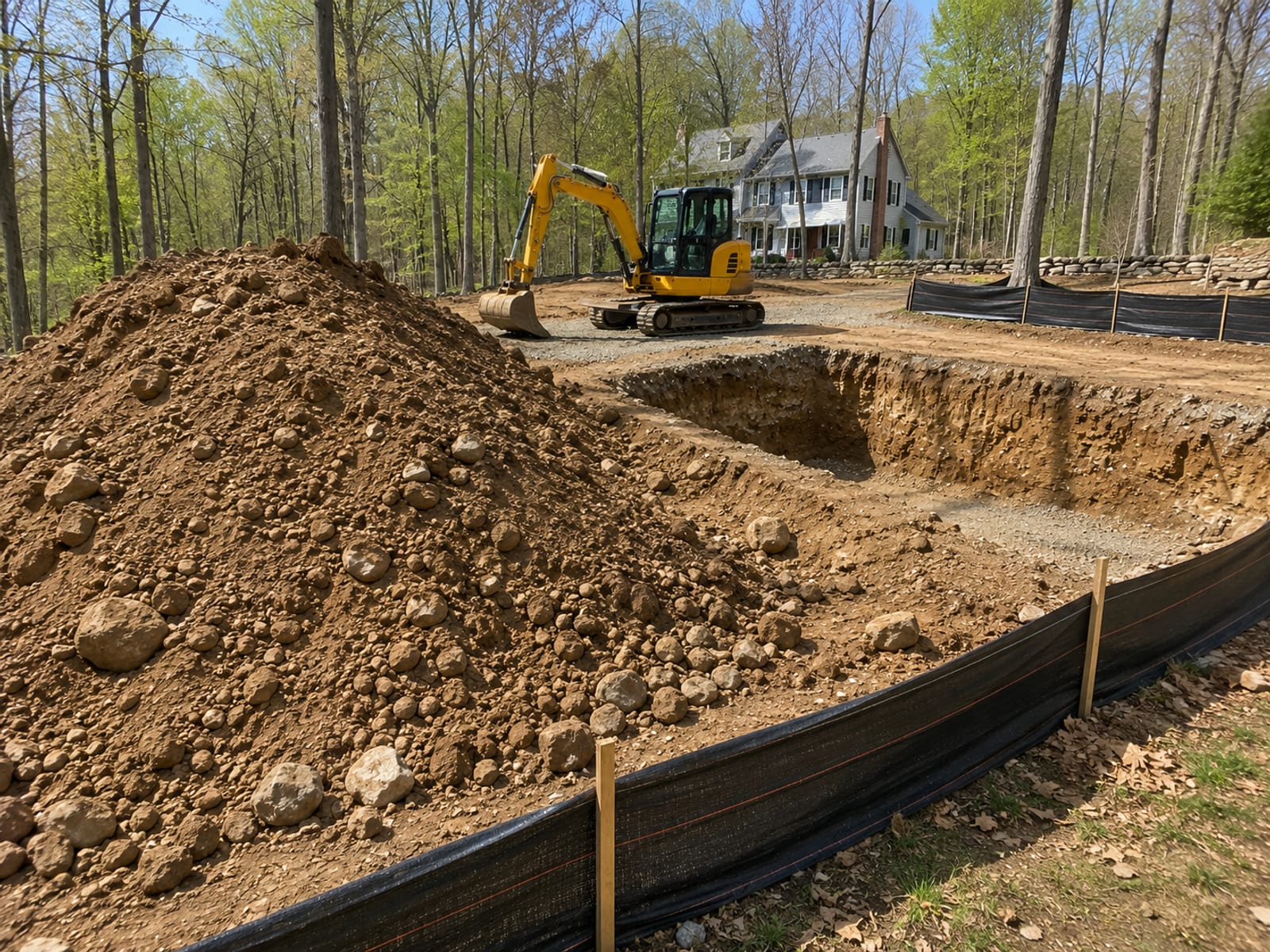 A compact yellow tracked excavator positioned at the edge of a residential property in Connecticut early morning, with undisturbed yard and a gravel driveway visible nearby