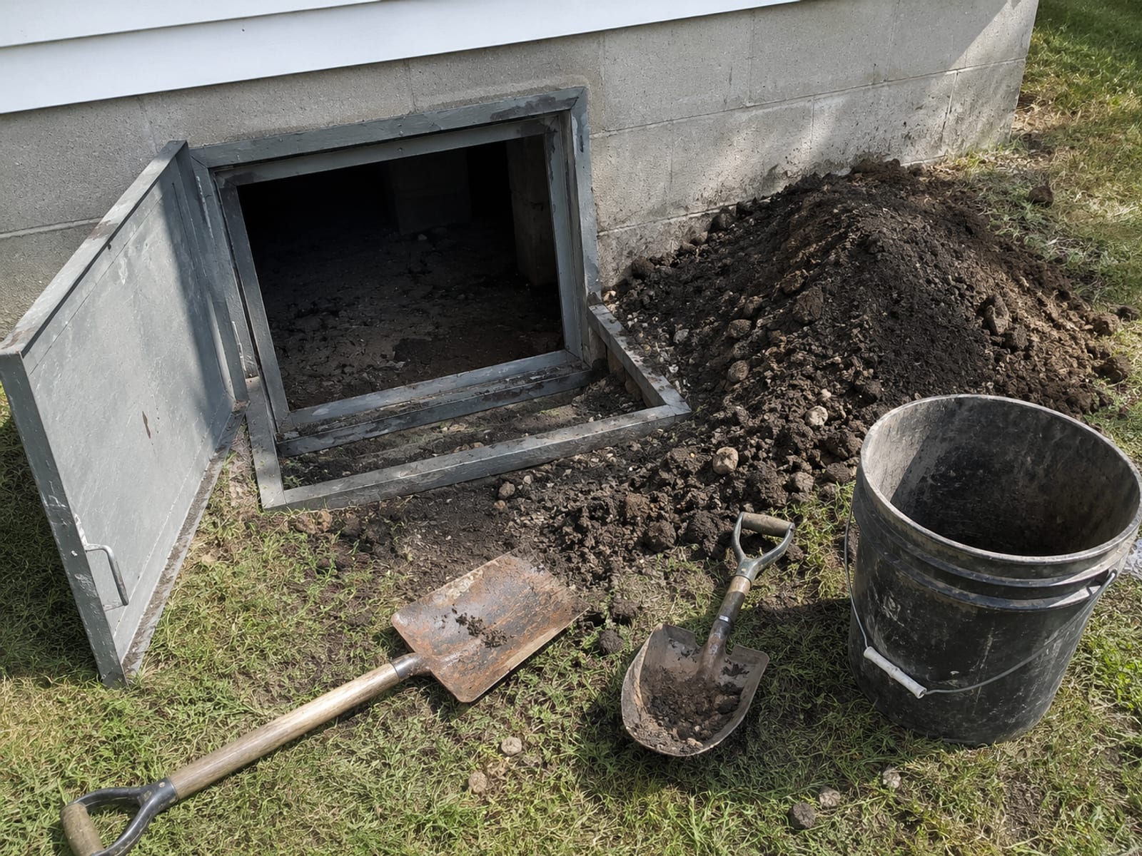 Loose soil and small hand tools including a flat spade and bucket staged at the open crawl space access hatch of a New England home
