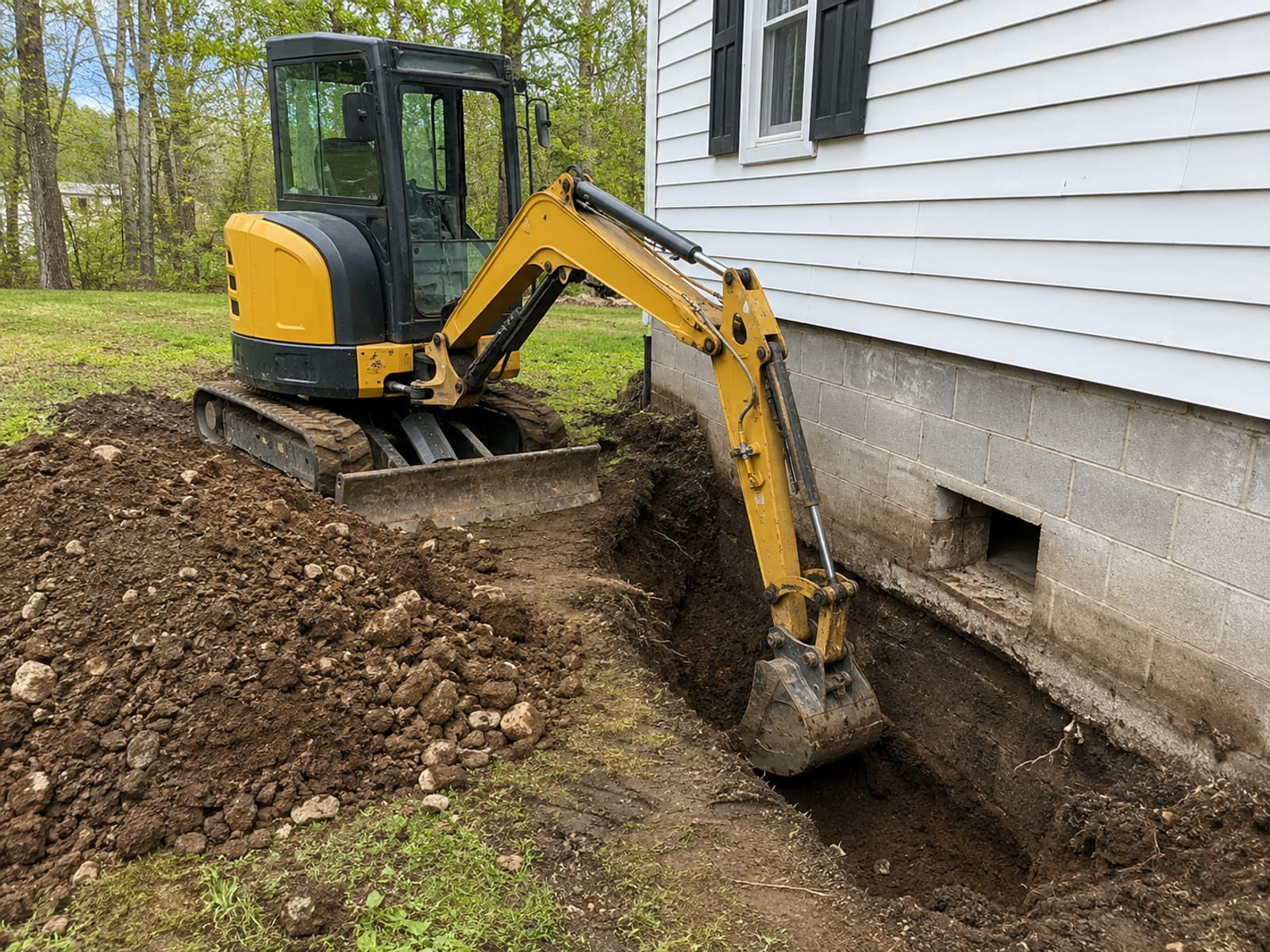 Small yellow tracked mini excavator positioned at the side of a colonial home in Oxford CT with its bucket lowering into a freshly opened crawl space access trench