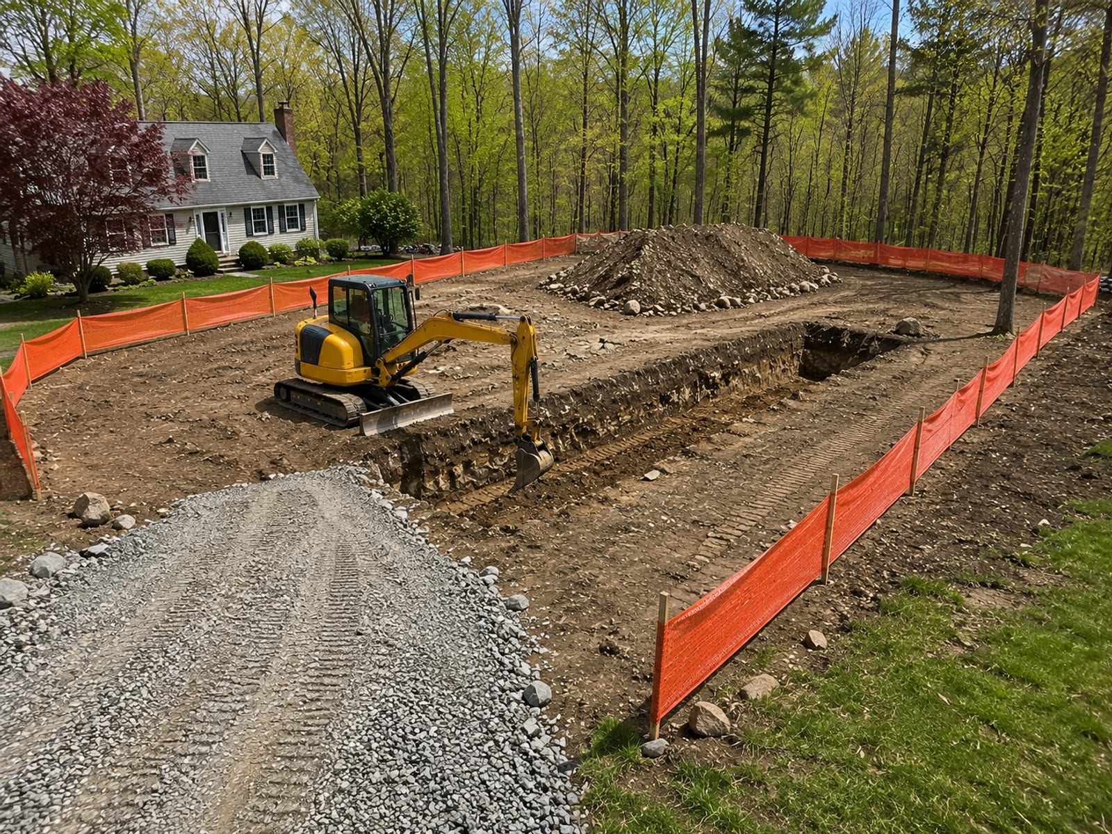 Orderly permitted residential excavation site with compact yellow excavator, orange silt fence perimeter, and neatly graded disturbed earth on a Connecticut lot
