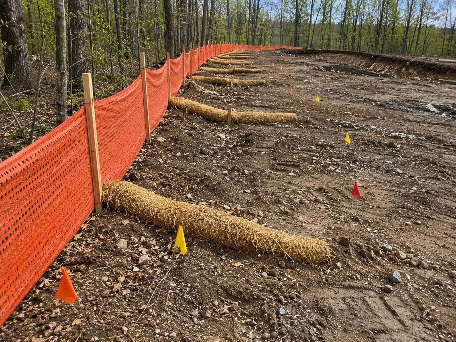 Newly installed orange silt fence and straw wattles along the edge of a residential excavation site in Connecticut before utility marking begins