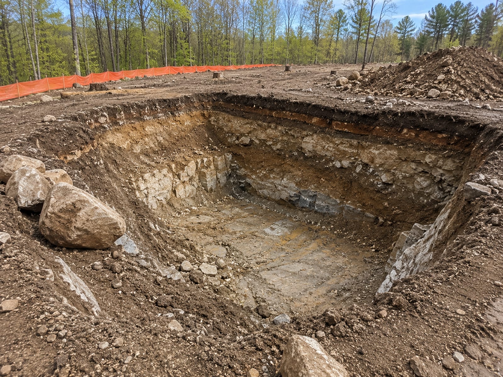 Deep wide residential foundation excavation with exposed ledge rock and glacial boulders on a cleared Connecticut lot requiring permit review