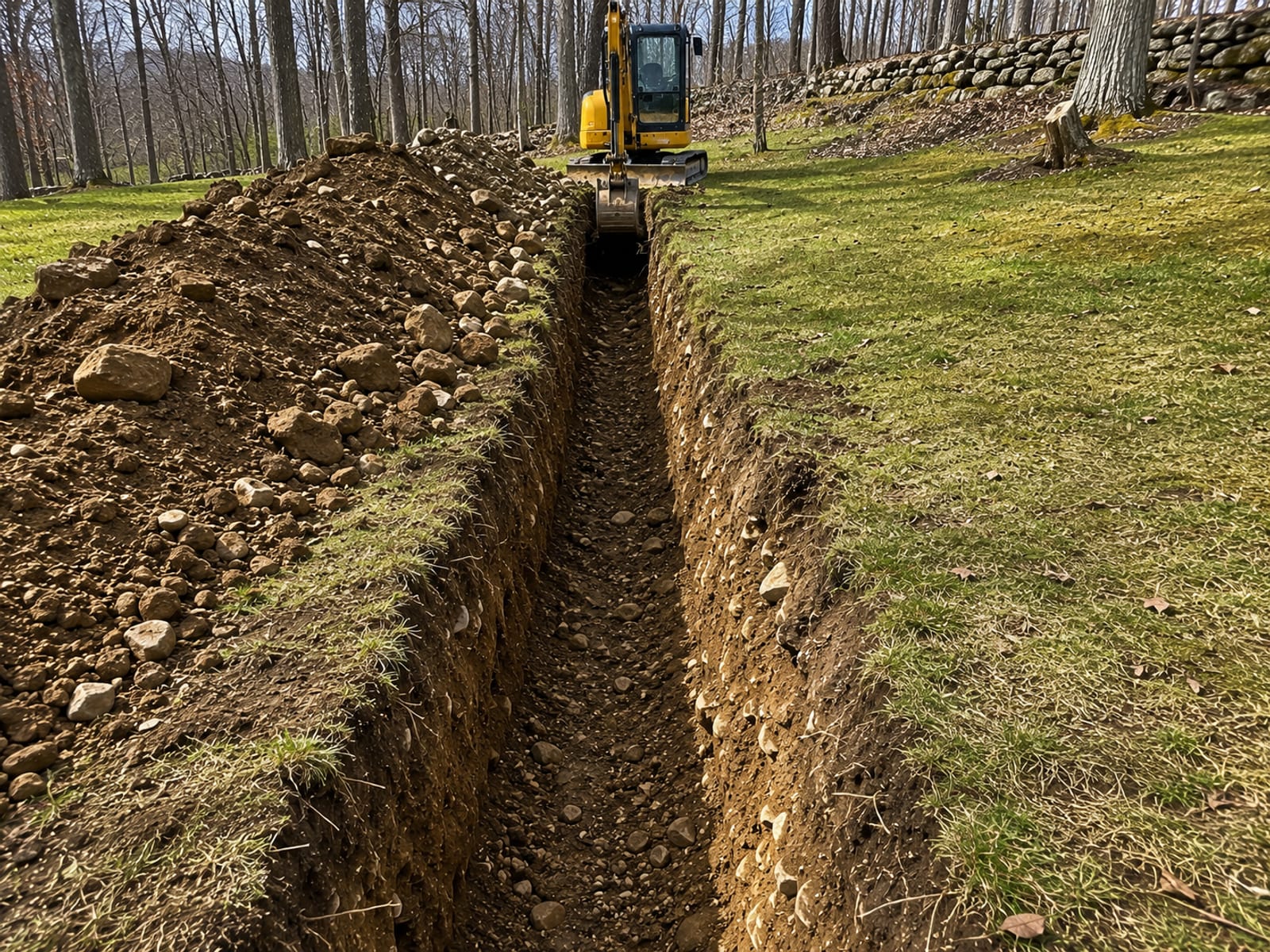 A cleanly cut open drainage trench running across a sloped residential yard in Connecticut with exposed rocky glacial till sidewalls and a compact yellow excavator bucket visible at the far end of the cut