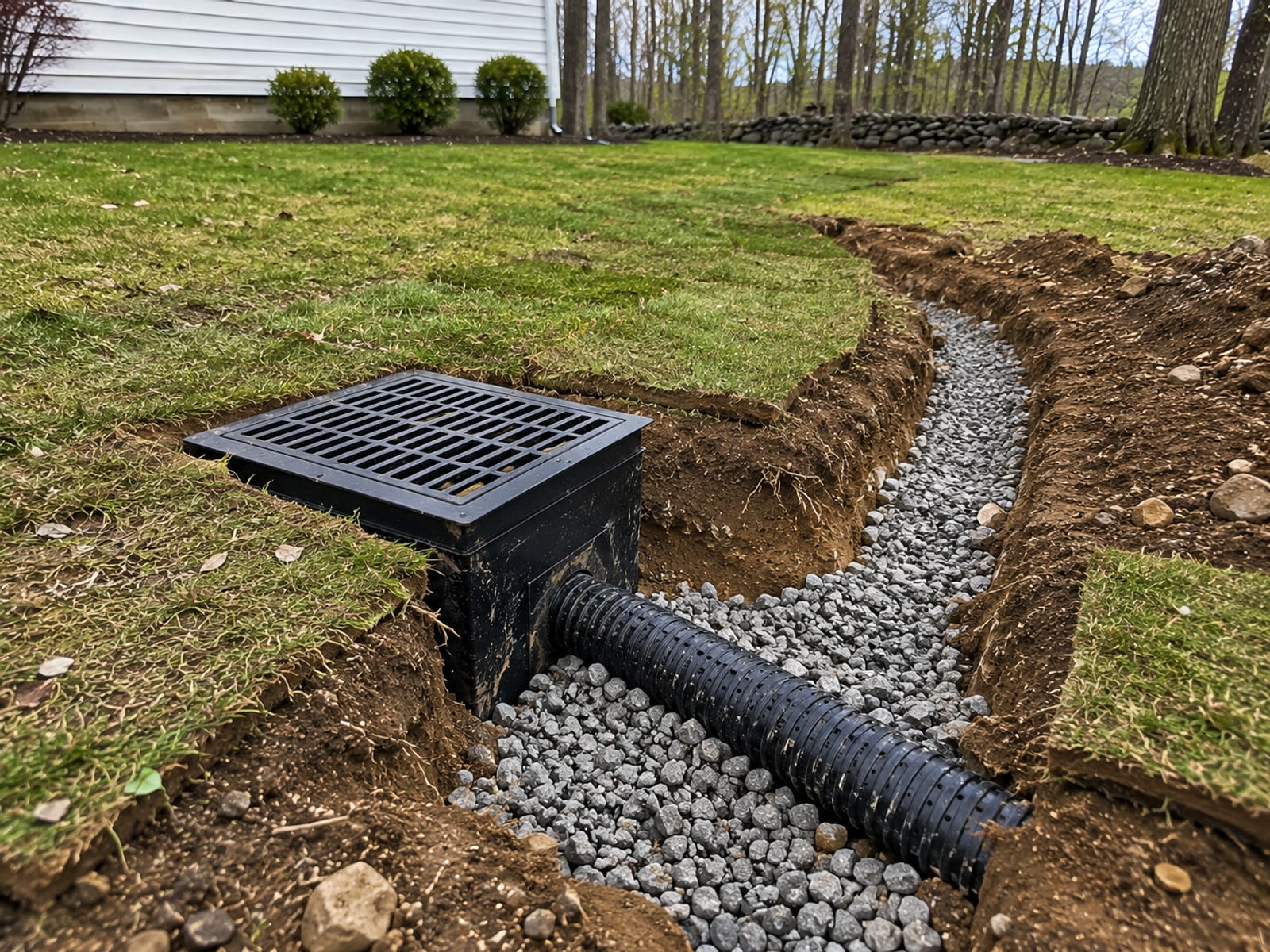 Newly installed plastic catch basin set flush into a residential lawn with a perforated pipe outlet visible leading into freshly compacted gravel backfill in a Connecticut yard