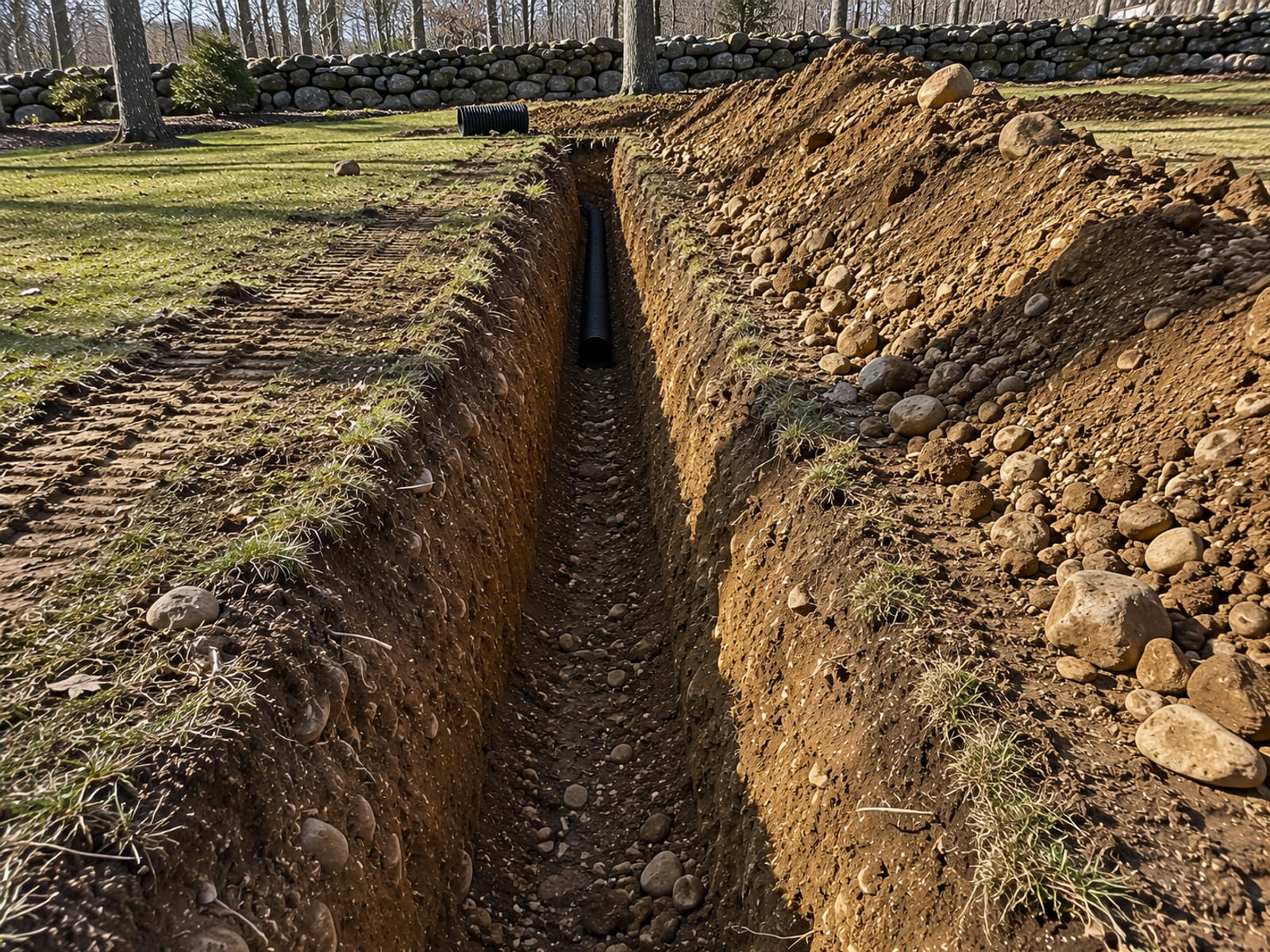 An open drainage trench freshly excavated through a residential yard in Oxford Connecticut with exposed glacial till soil and rock fragments along the trench walls