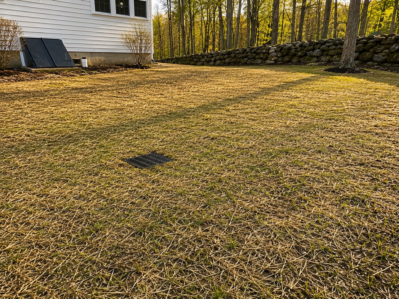 A fully restored dry residential backyard with fresh graded topsoil and new grass seed after drainage excavation work in Oxford Connecticut