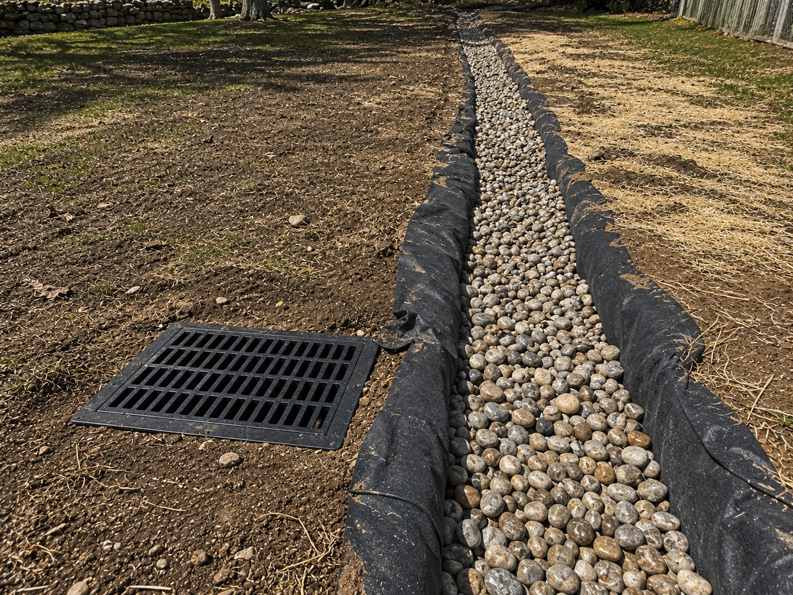 Newly installed French drain trench filled with washed gravel and a plastic catch basin grate set flush with the ground in a Connecticut residential yard