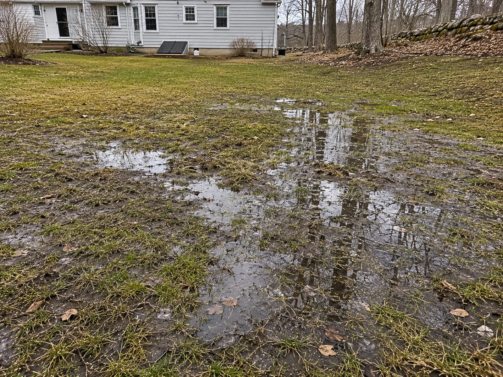 Pooled standing water collecting in low spots across a saturated residential backyard lawn in Oxford Connecticut