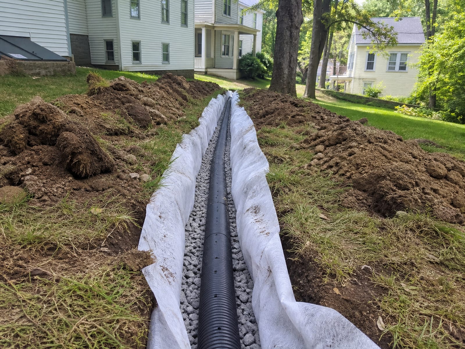 Open drainage trench showing washed stone bedding, perforated pipe, and a separation fabric layer laid to grade on a residential lot