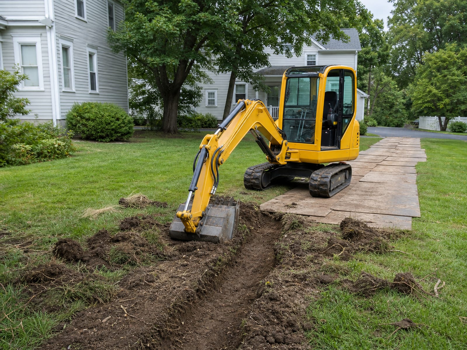 Compact yellow tracked excavator parked at the open end of a shallow drainage trench on a residential property, bucket resting on the ground