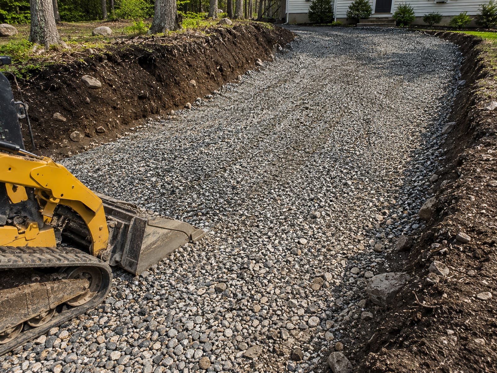 Residential driveway excavation site in Oxford CT showing layered crushed stone base being spread and graded across the full width of the cut