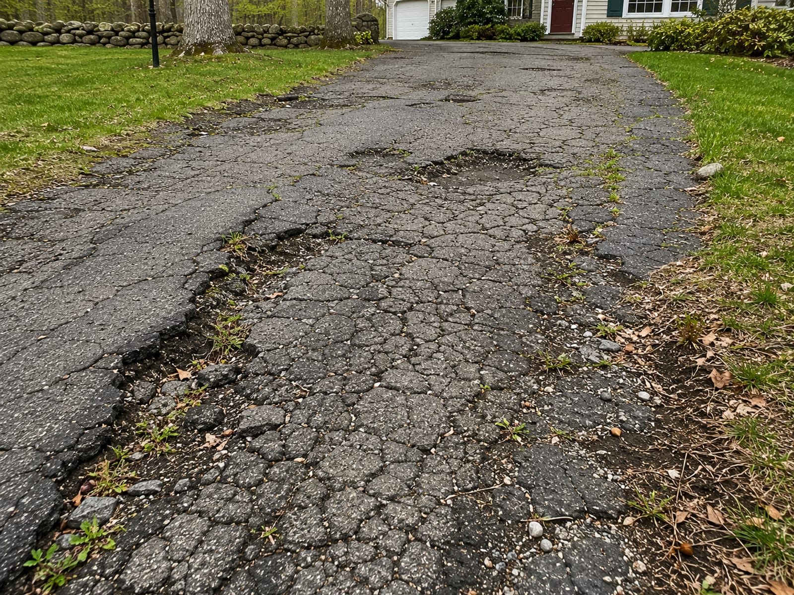 Cracked and heaved asphalt driveway surface in Oxford CT showing severe alligator cracking, potholes, and frost heave damage