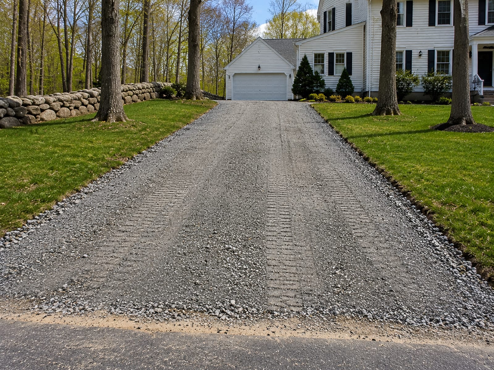 Completed residential driveway base in Oxford CT showing a smooth uniformly compacted crushed gravel surface graded and ready for asphalt paving