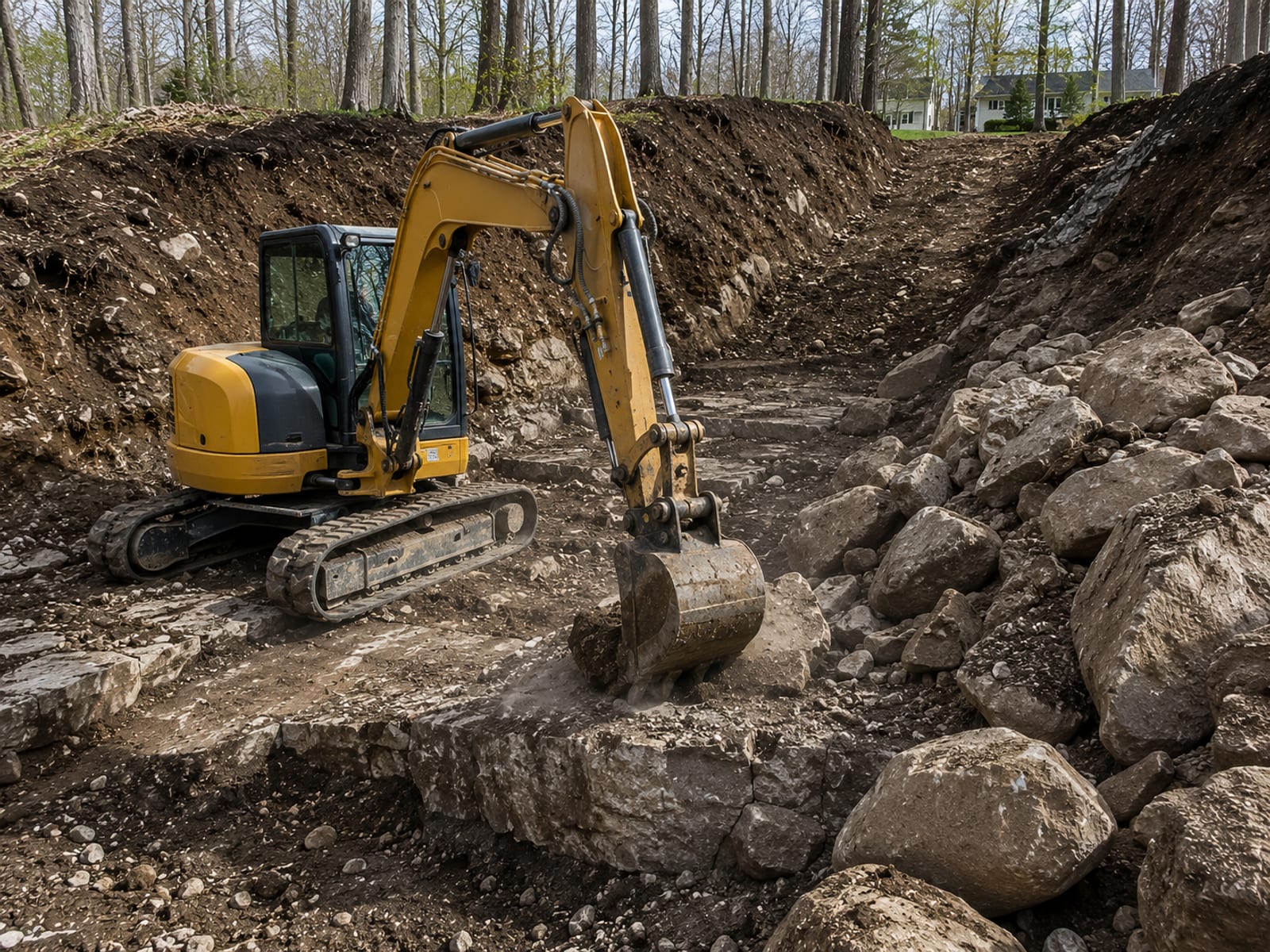 Compact excavator breaking and removing ledge rock and glacial boulders from a residential driveway subgrade in Oxford CT