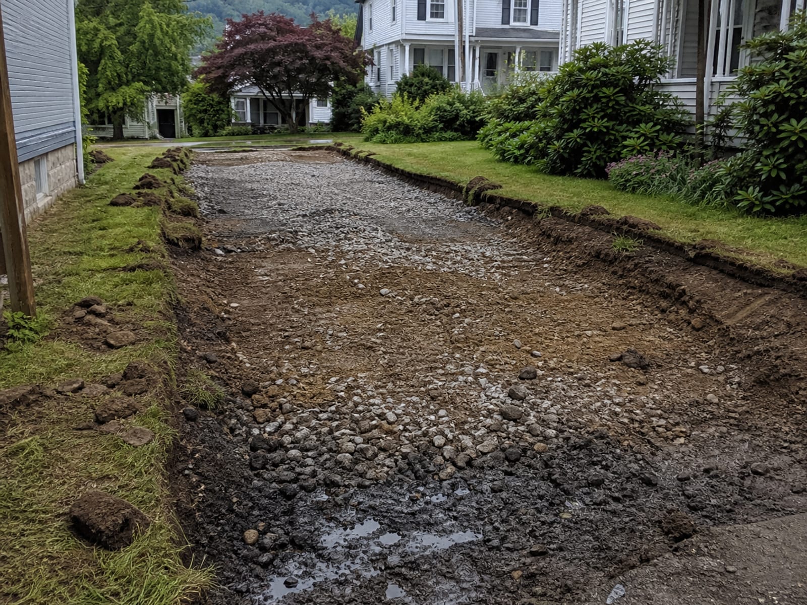Driveway excavation with the surface removed and the aggregate base and subgrade exposed, showing soft saturated material at one end of the cut