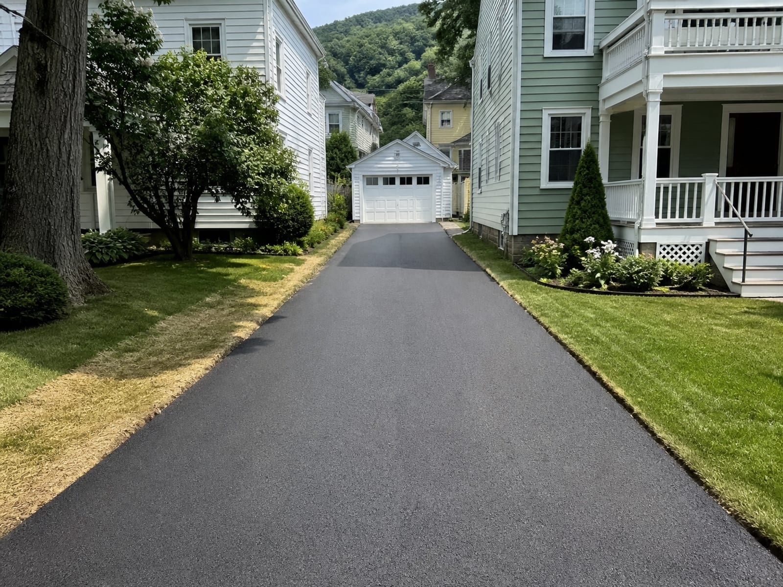 Completed residential driveway with an even crown and cross slope shedding water to both edges, and restored ground along the sides