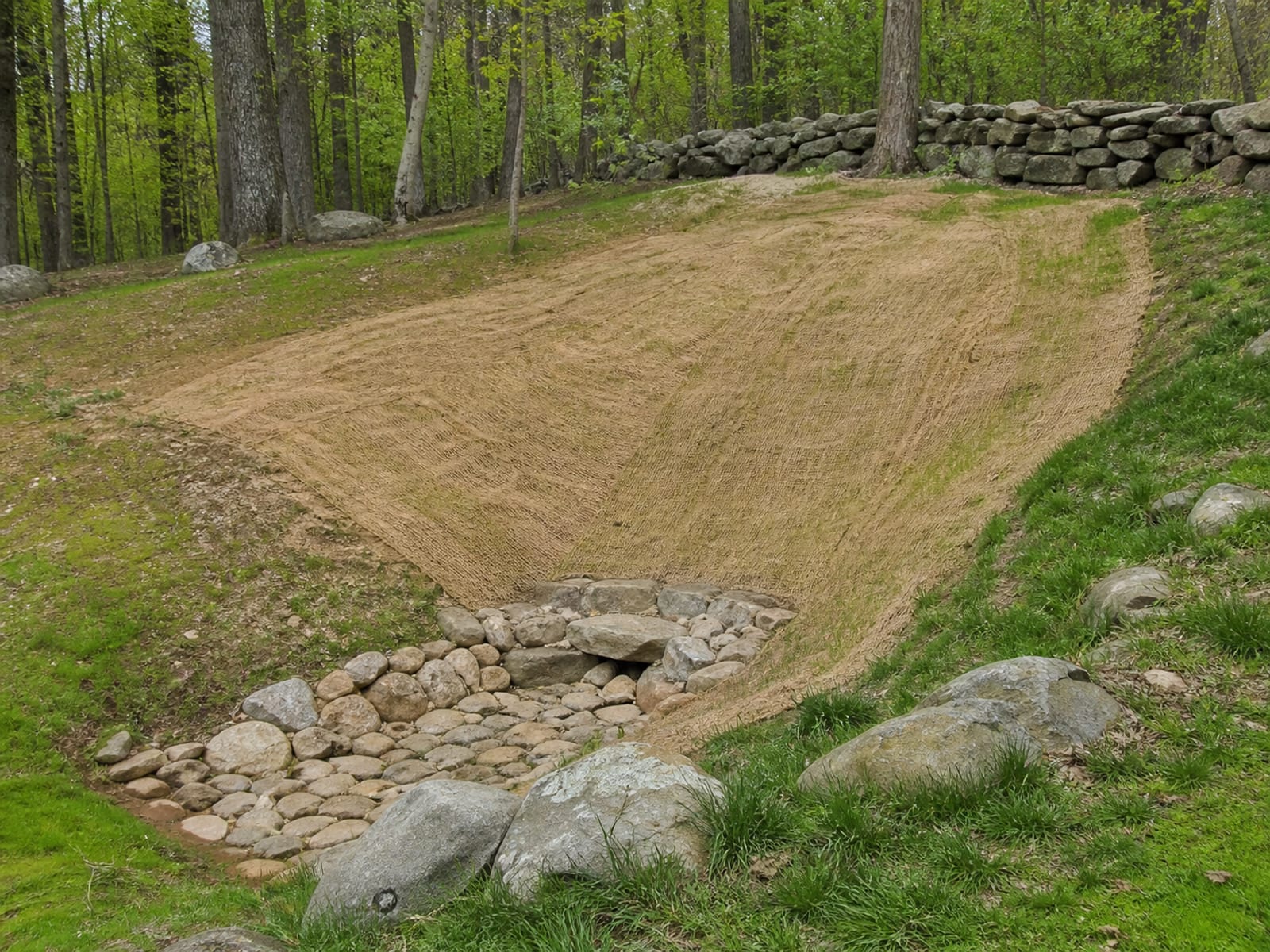 Repaired slope covered with erosion control matting over seeded soil, with a stone protected outlet at the base and vegetation beginning to establish