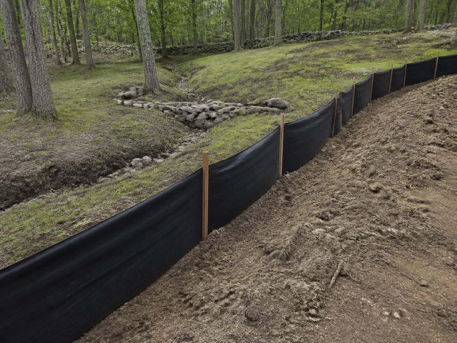Silt fence staked along the downhill edge of a disturbed area with a stone check dam set across a shallow channel above it