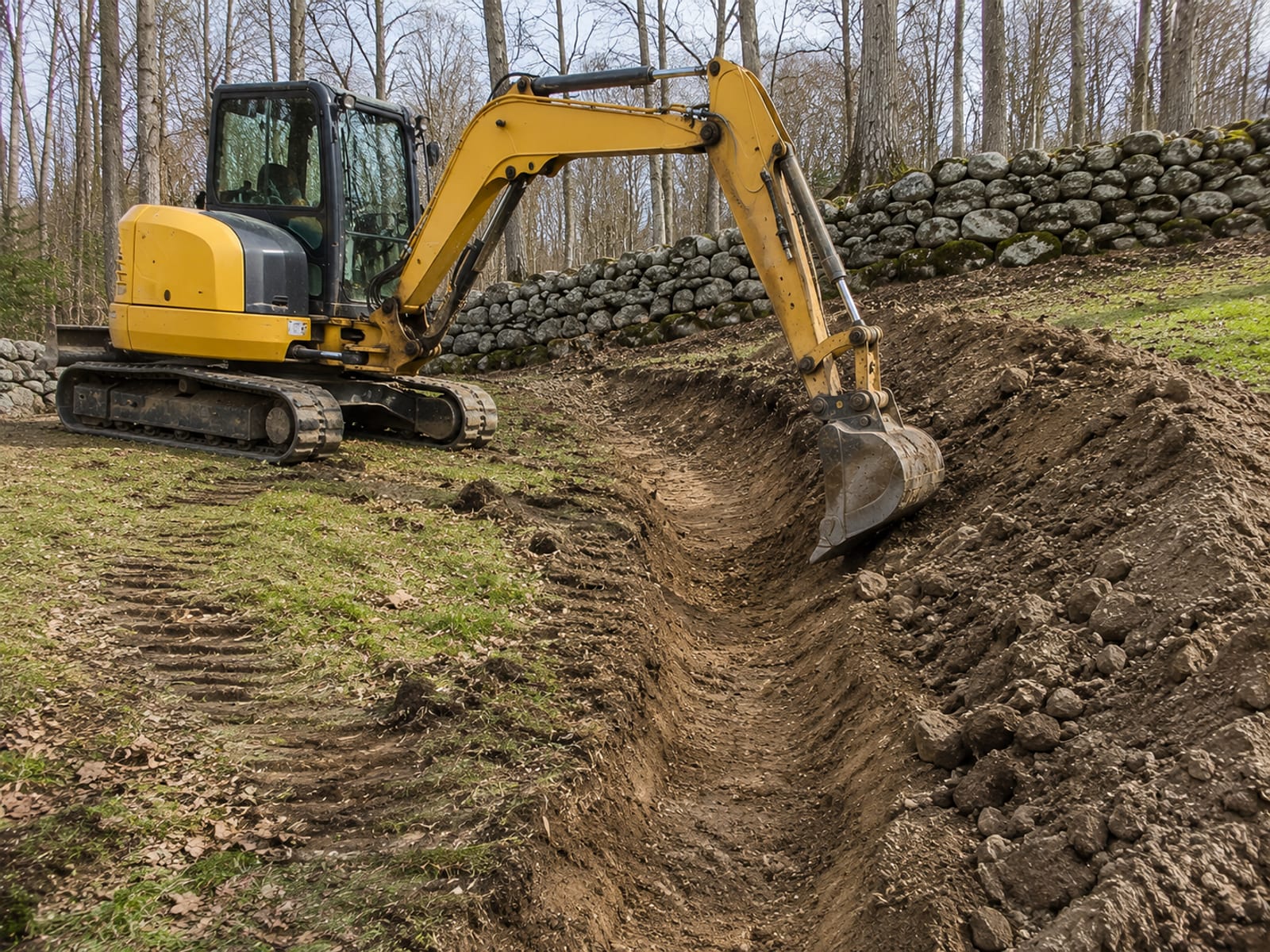 Compact yellow tracked excavator cutting a drainage swale into a sloped residential yard in Oxford CT with freshly disturbed earth and graded channel visible