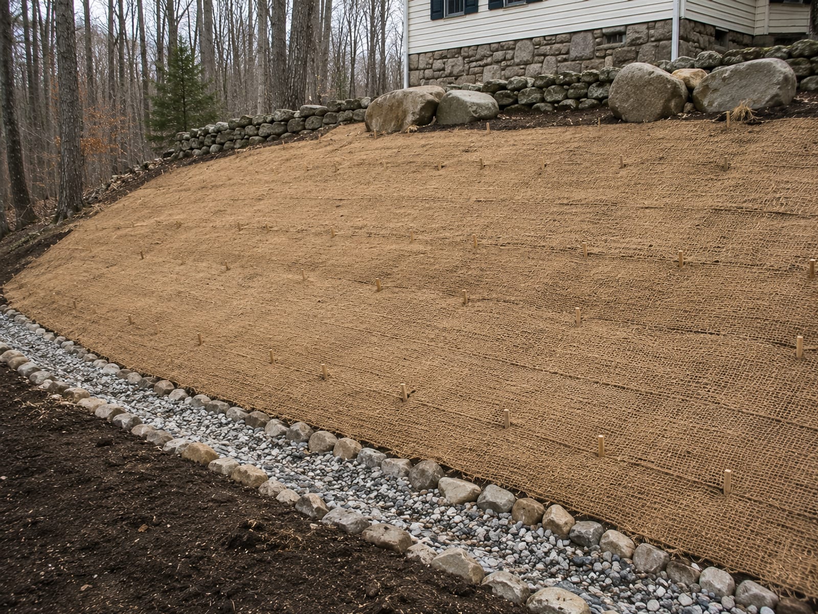 Freshly graded and compacted residential slope in Oxford CT with erosion control blanket staked across the full face and a stone-lined drainage channel at the toe