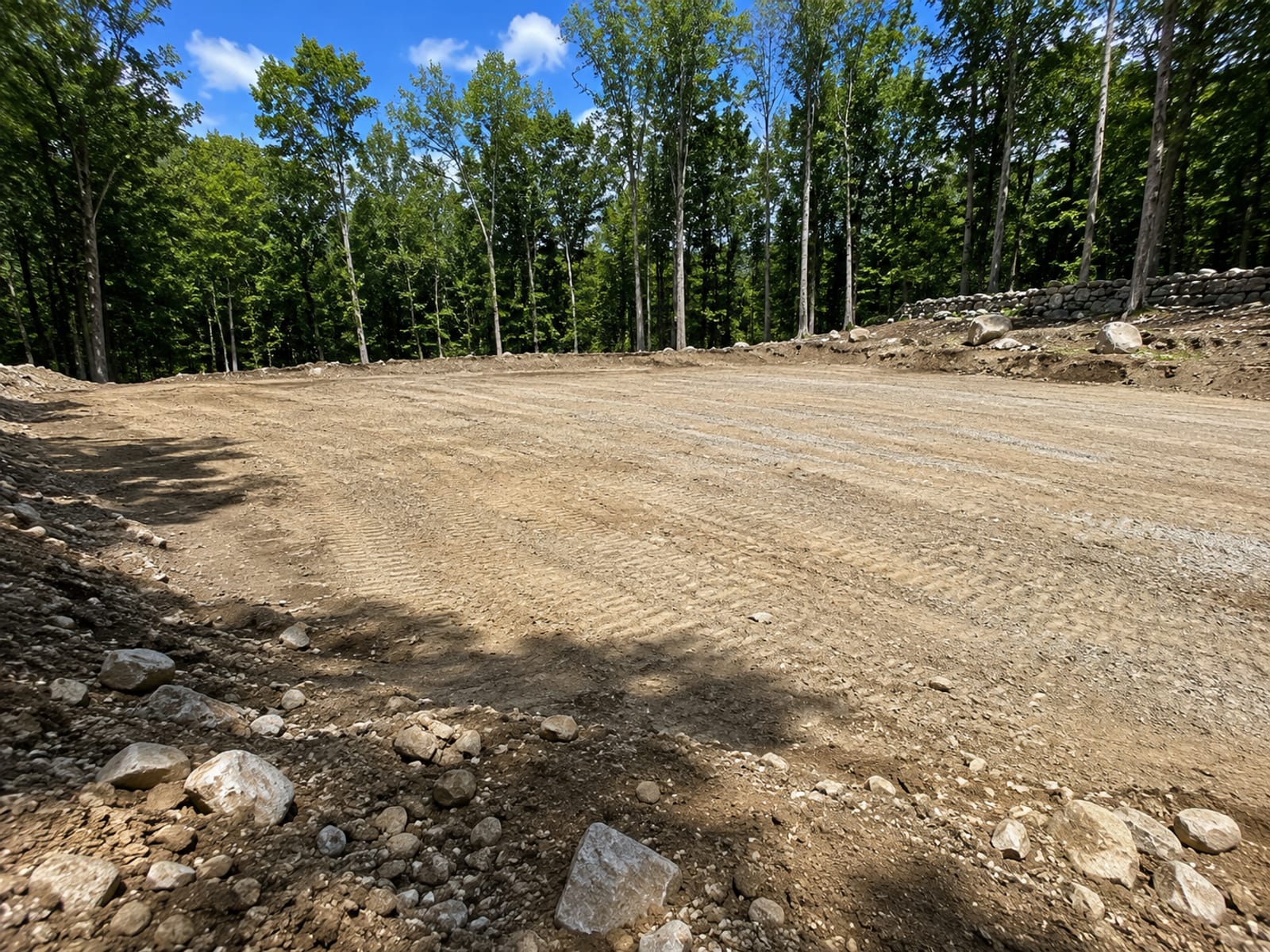 A leveled and graded residential lot in Oxford Connecticut after rocky terrain excavation showing smooth compacted earth ready for construction with wooded perimeter and blue sky