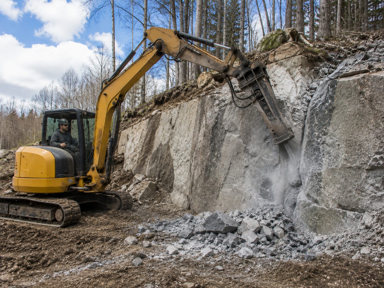 Compact yellow excavator fitted with a hydraulic breaker attachment pressed against a fractured granite ledge face on a Connecticut residential excavation site