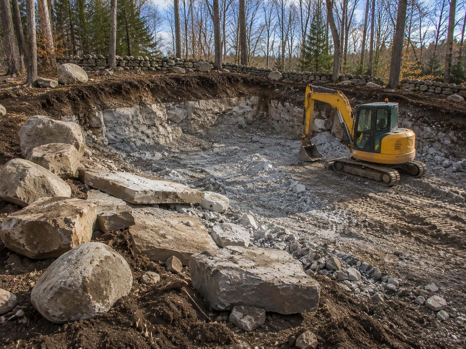 Large glacial boulders and broken ledge slabs staged at the edge of a cleared excavation pit on a Connecticut residential lot with a compact yellow excavator nearby