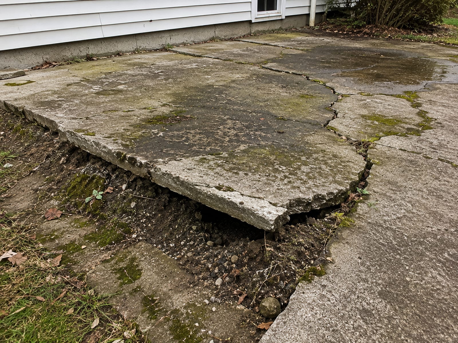 Sunken and heaved concrete patio with cracked slabs, pooled water stains, and undermined edges beside a New England colonial home