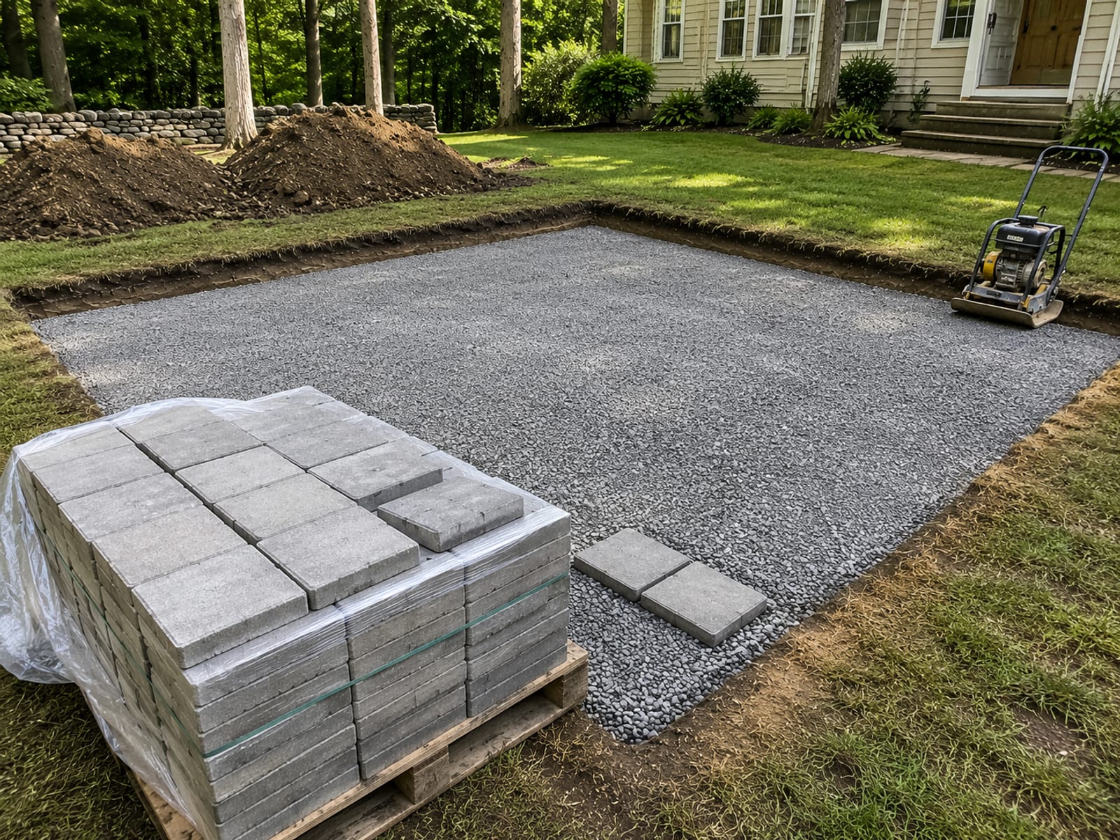 Flat compacted crushed stone base inside a finished patio excavation with a neat stack of concrete pavers at the edge ready for installation