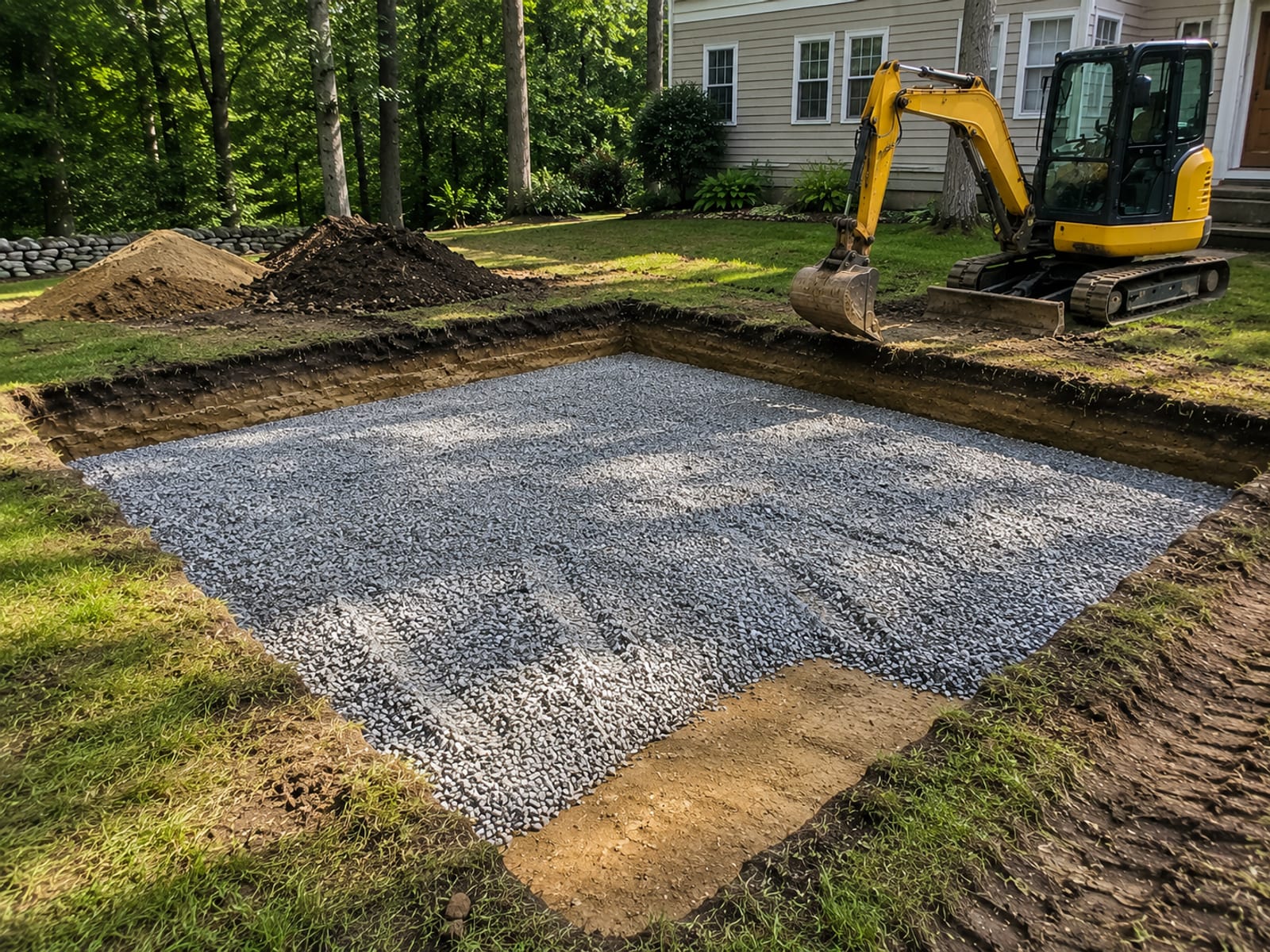 Compact yellow excavator removing soil from a patio excavation in a Connecticut backyard revealing compacted gravel base layers below grade