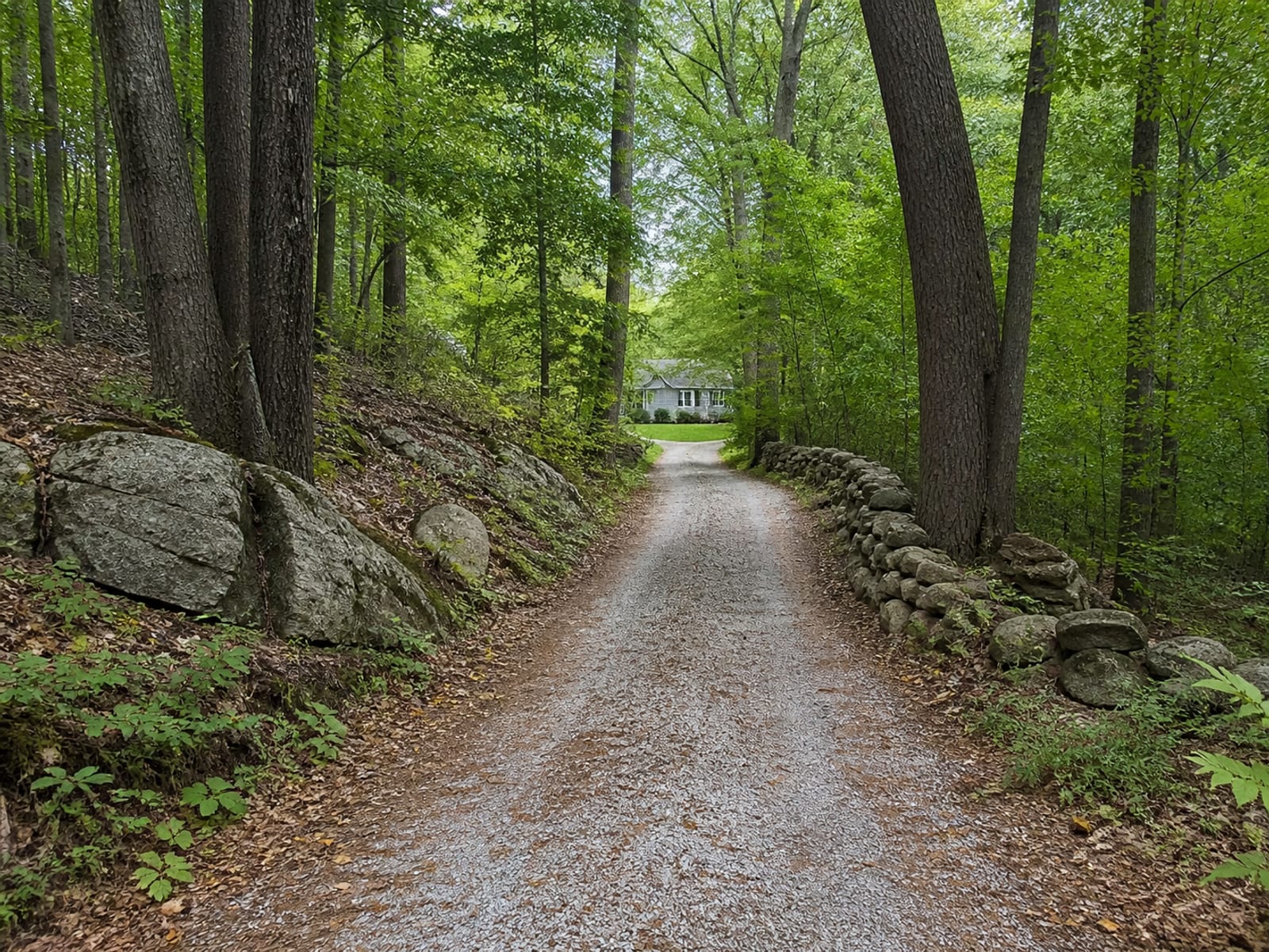 Long gravel private driveway curving through woodland toward a rural house, narrowing where mature trees and a stone wall crowd the edges