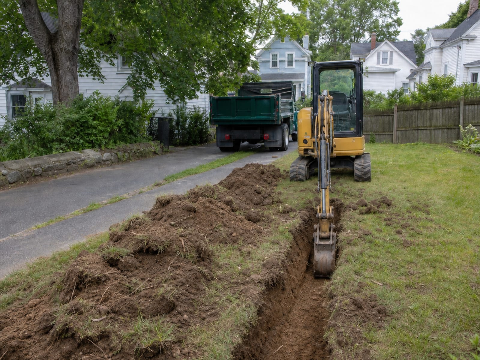 Compact tracked excavator parked beside an open excavation on a residential lot with excavated soil mounded back from the edge and a truck staged on the drive
