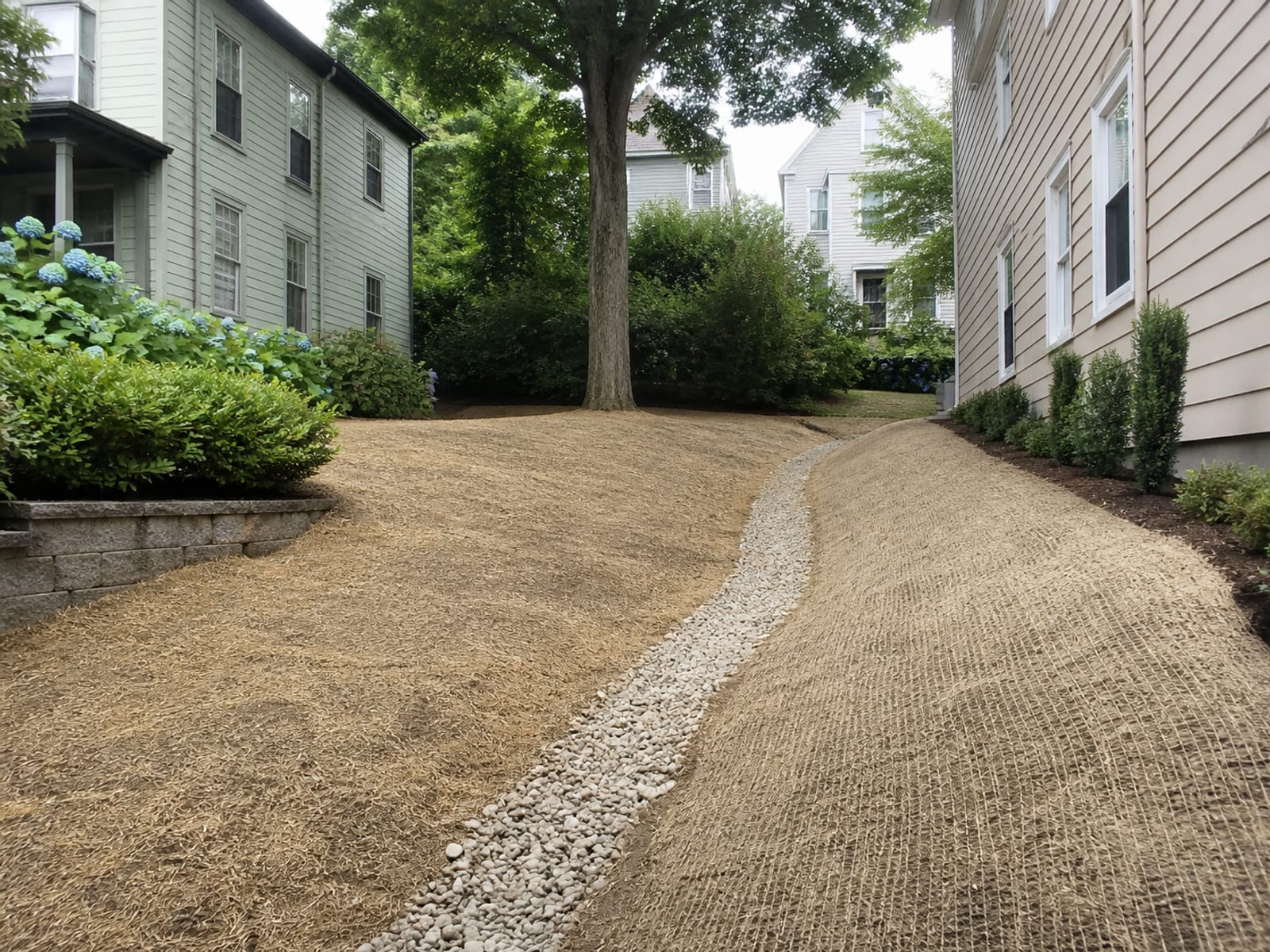 Finished residential excavation site with compacted graded earth, restored surface drainage, and erosion control matting along the disturbed edge