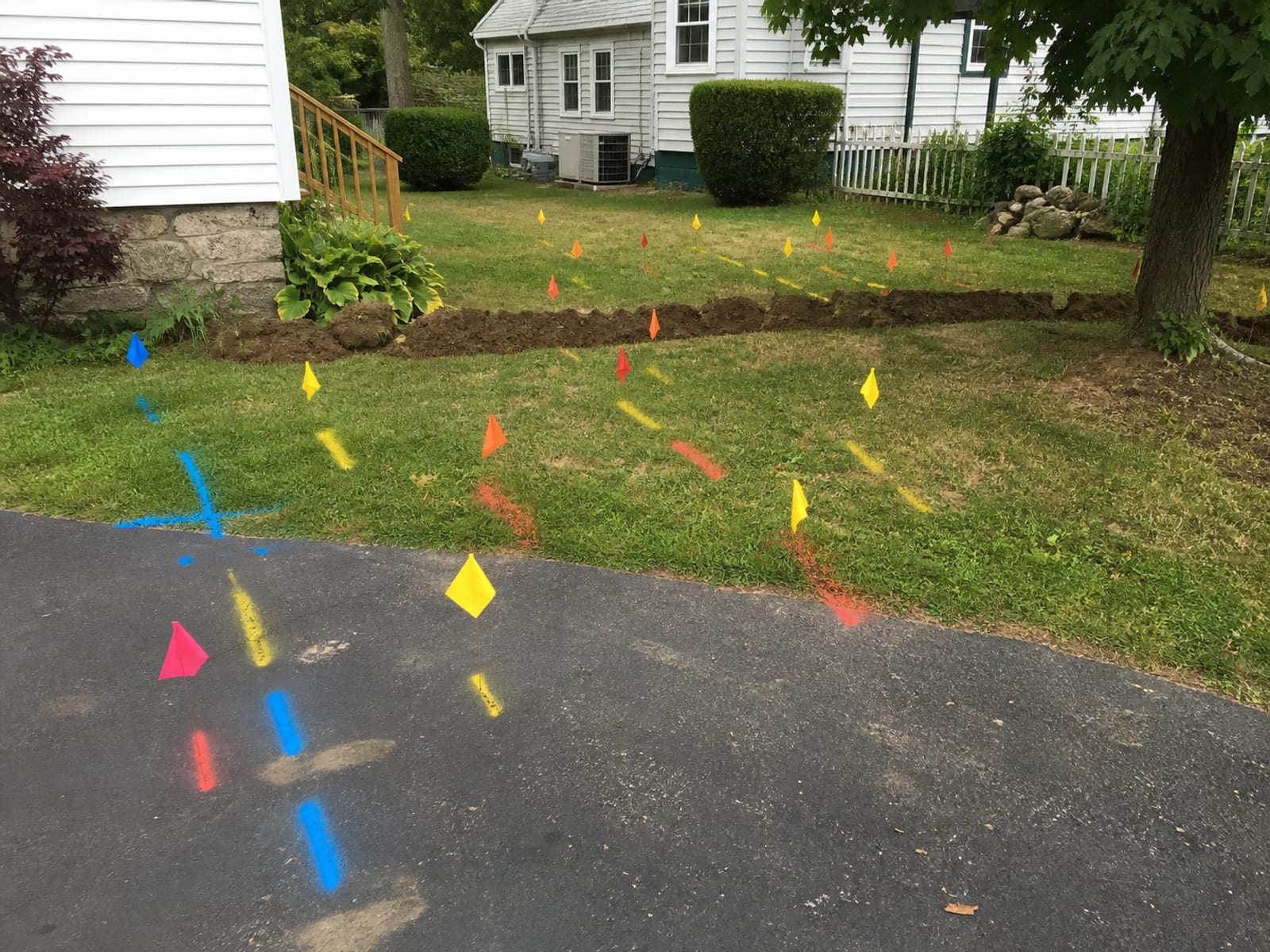 Colored utility locate paint marks and marker flags laid out across turf and a driveway apron ahead of excavation