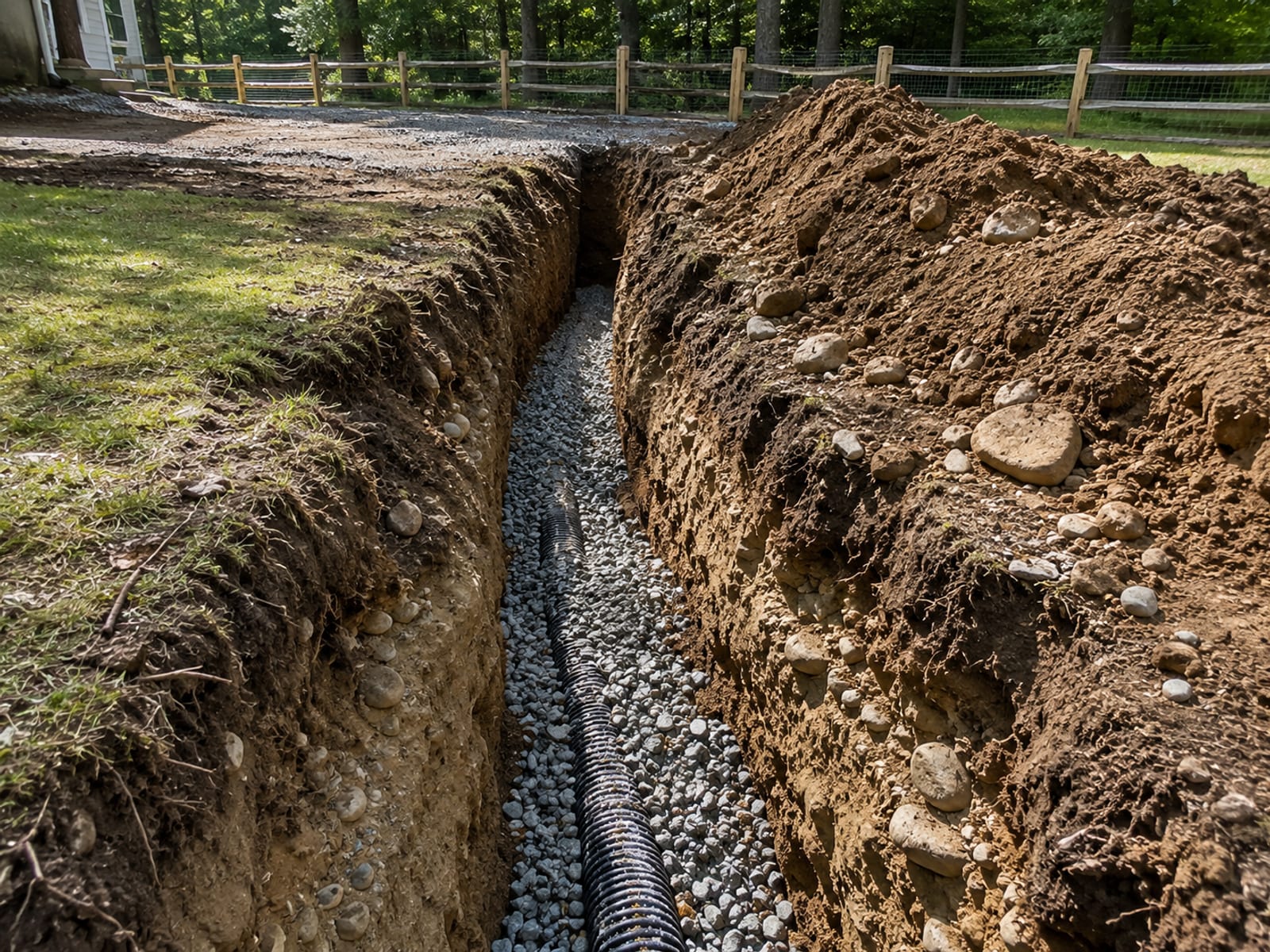 Freshly excavated drainage trench cut through rocky glacial till soil on a residential lot