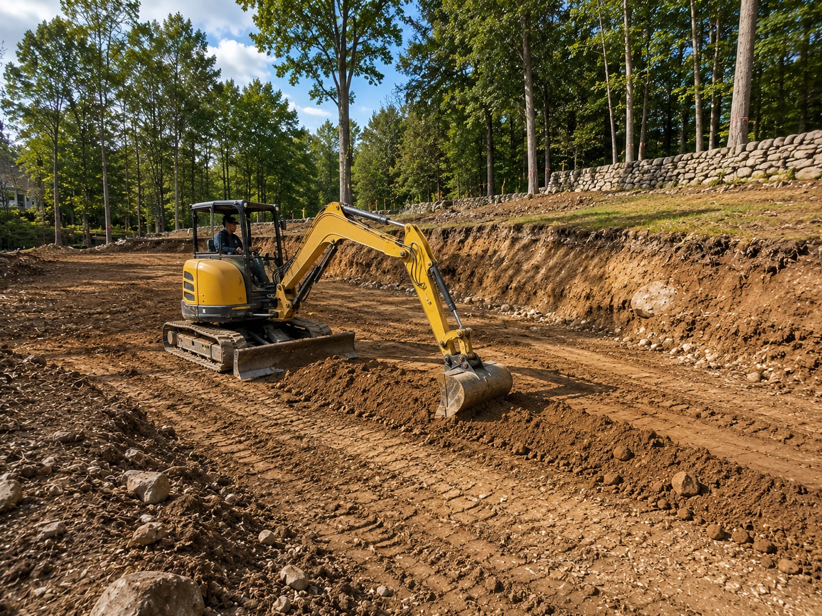 Compact yellow tracked excavator grading and leveling earth on a sloped residential building site