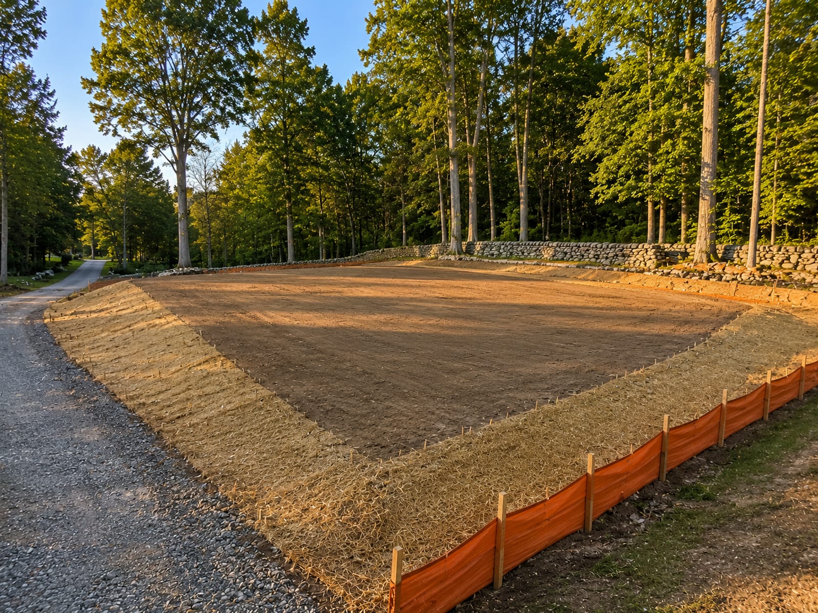 Finished and graded residential building site with smooth compacted earth and erosion control matting