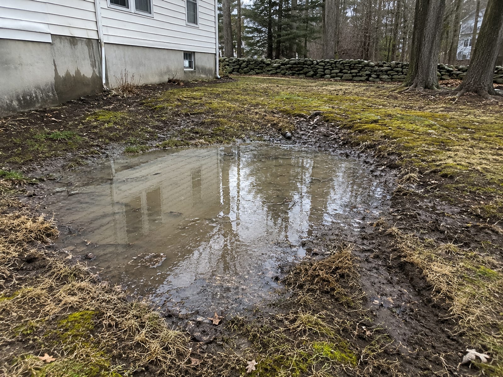 Standing water pooled in low-lying yard near a colonial home foundation in Oxford CT