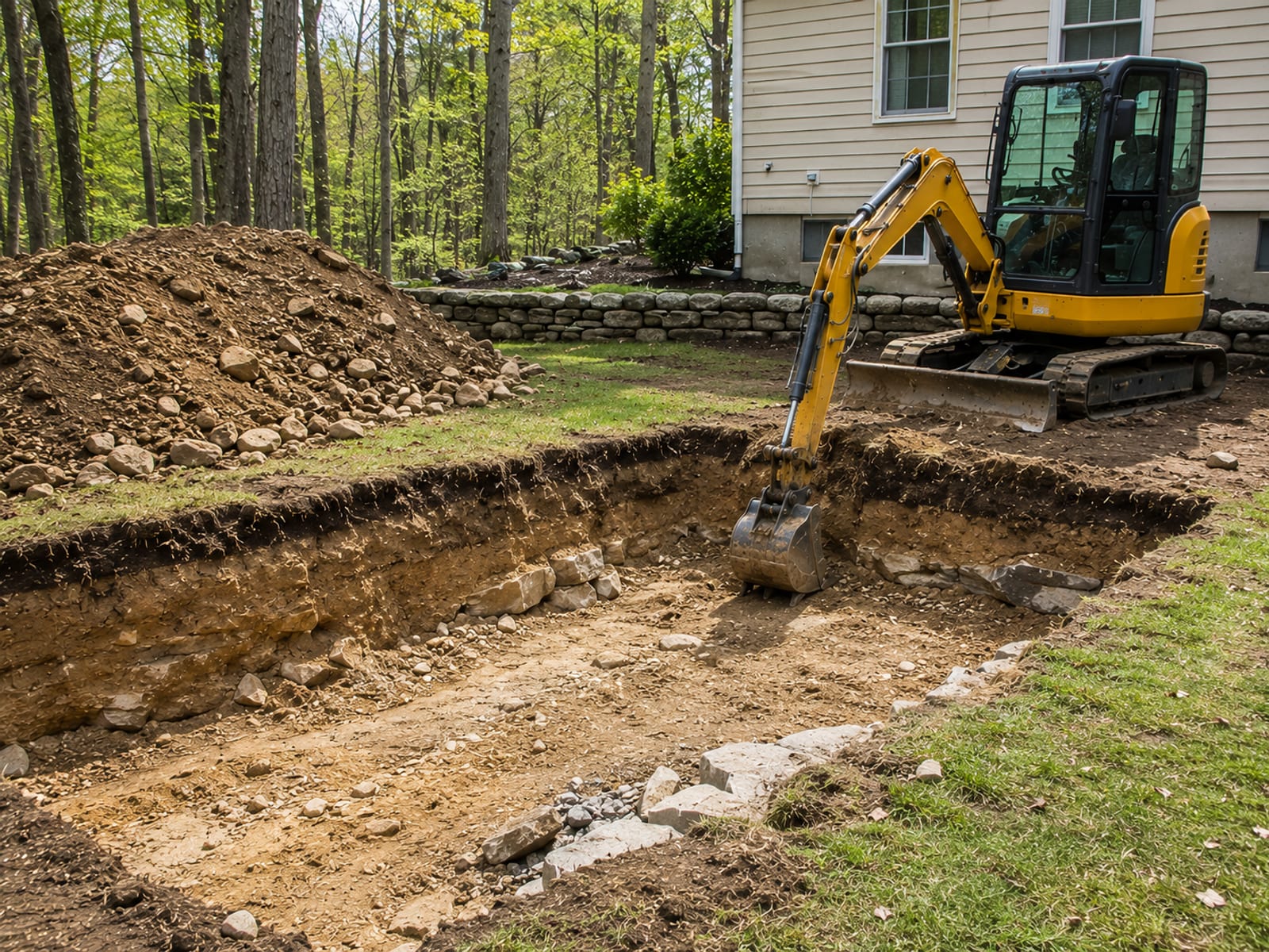Active residential excavation site in Woodbury CT showing a compact yellow tracked excavator mid-dig on a foundation cut with exposed layered glacial till and ledge rock walls