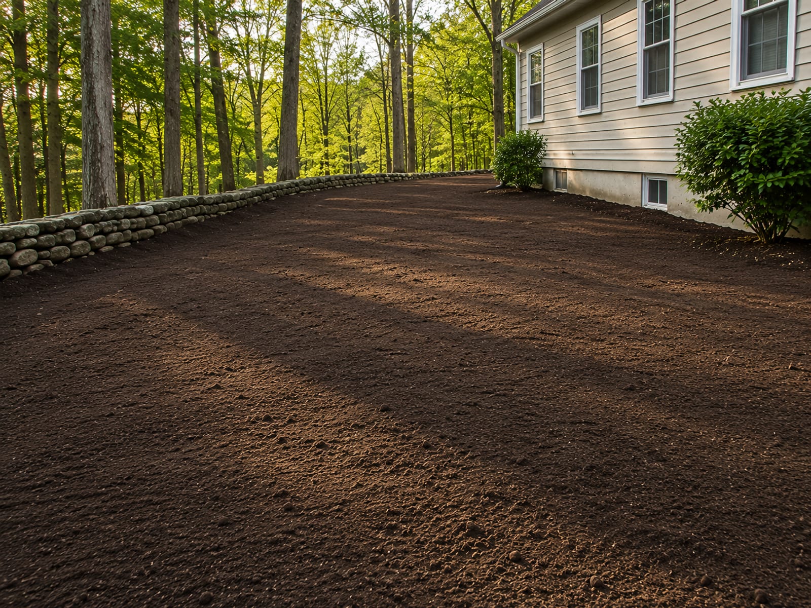 Fully restored and graded residential yard in Woodbury CT with fresh topsoil layer, smooth lawn grading sloping away from a cape-style home foundation, and mature trees along the property boundary