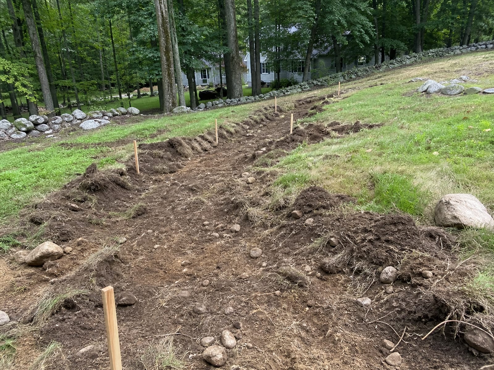 Wooden grade stakes with marked elevations set along the line of a planned swale on a sloping residential property