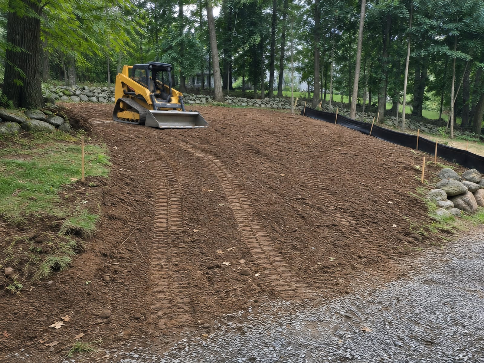 Compact track loader parked on a freshly shaped sloping yard with its bucket resting on the ground, grade stakes still in place and silt fence installed along the downhill limit