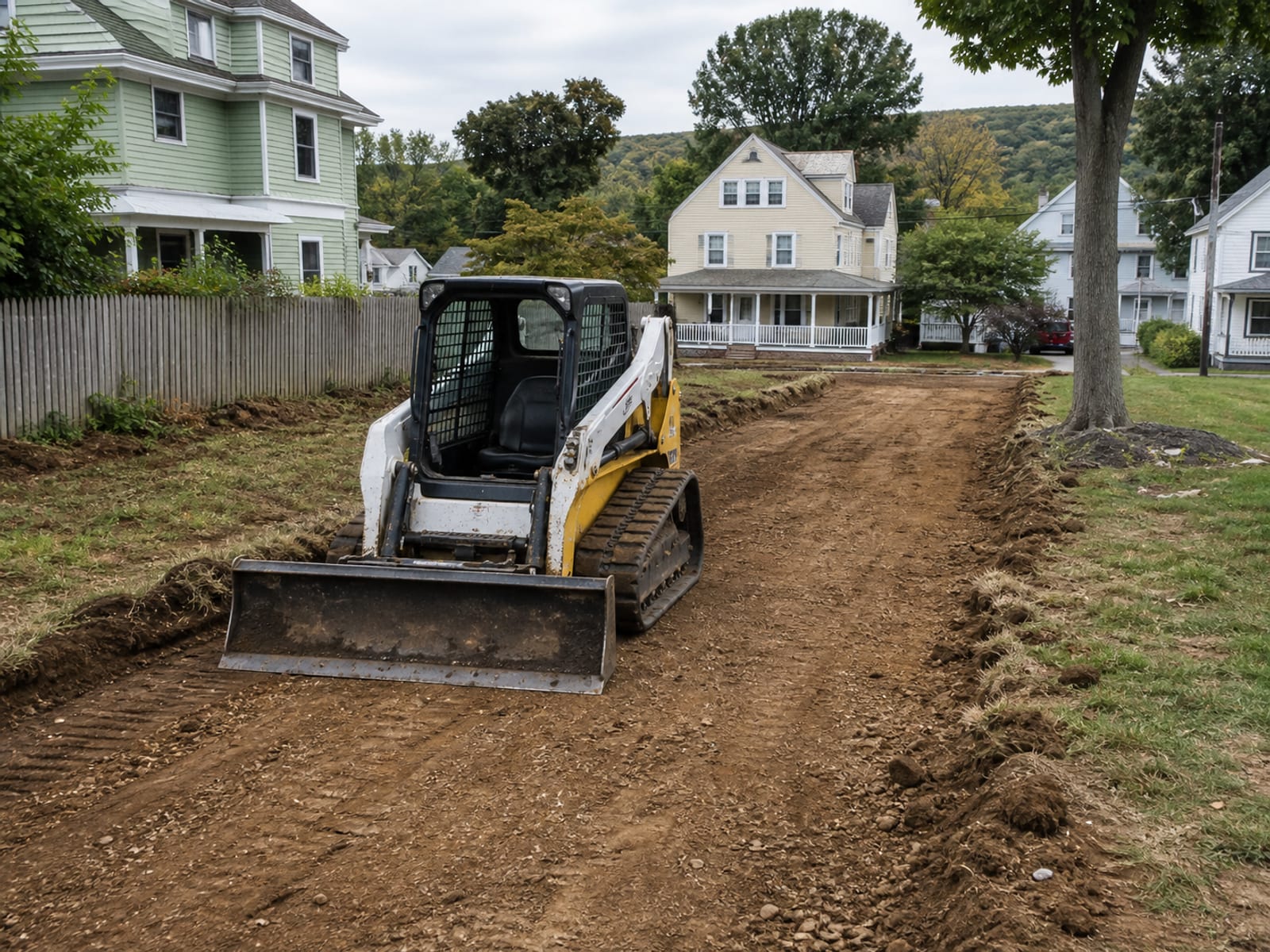 Compact track loader with a grading attachment parked on a residential lot beside freshly shaped subgrade, blade resting on the ground