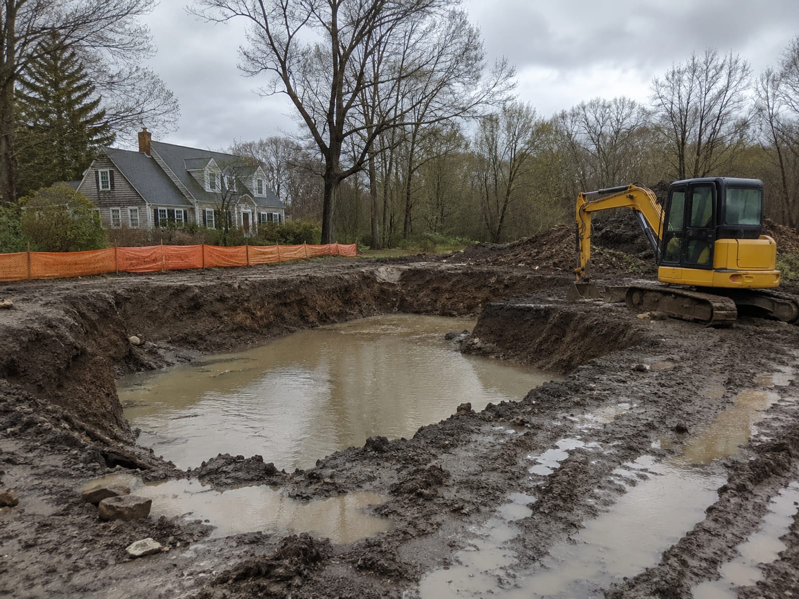 Rain-paused residential excavation site in Connecticut with water pooling in open trench and muddy disturbed yard under overcast skies