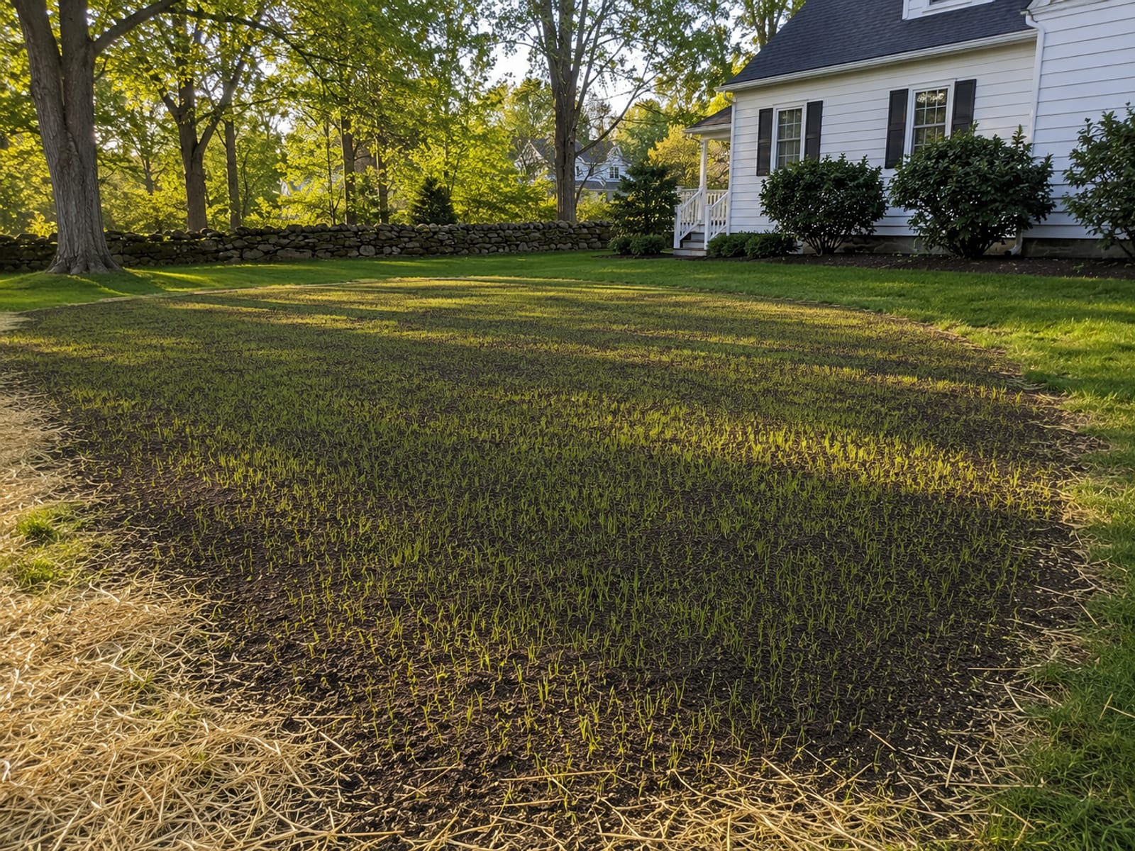 Freshly graded and reseeded residential backyard in Connecticut showing new lawn growth and clean finished grade beside a colonial home