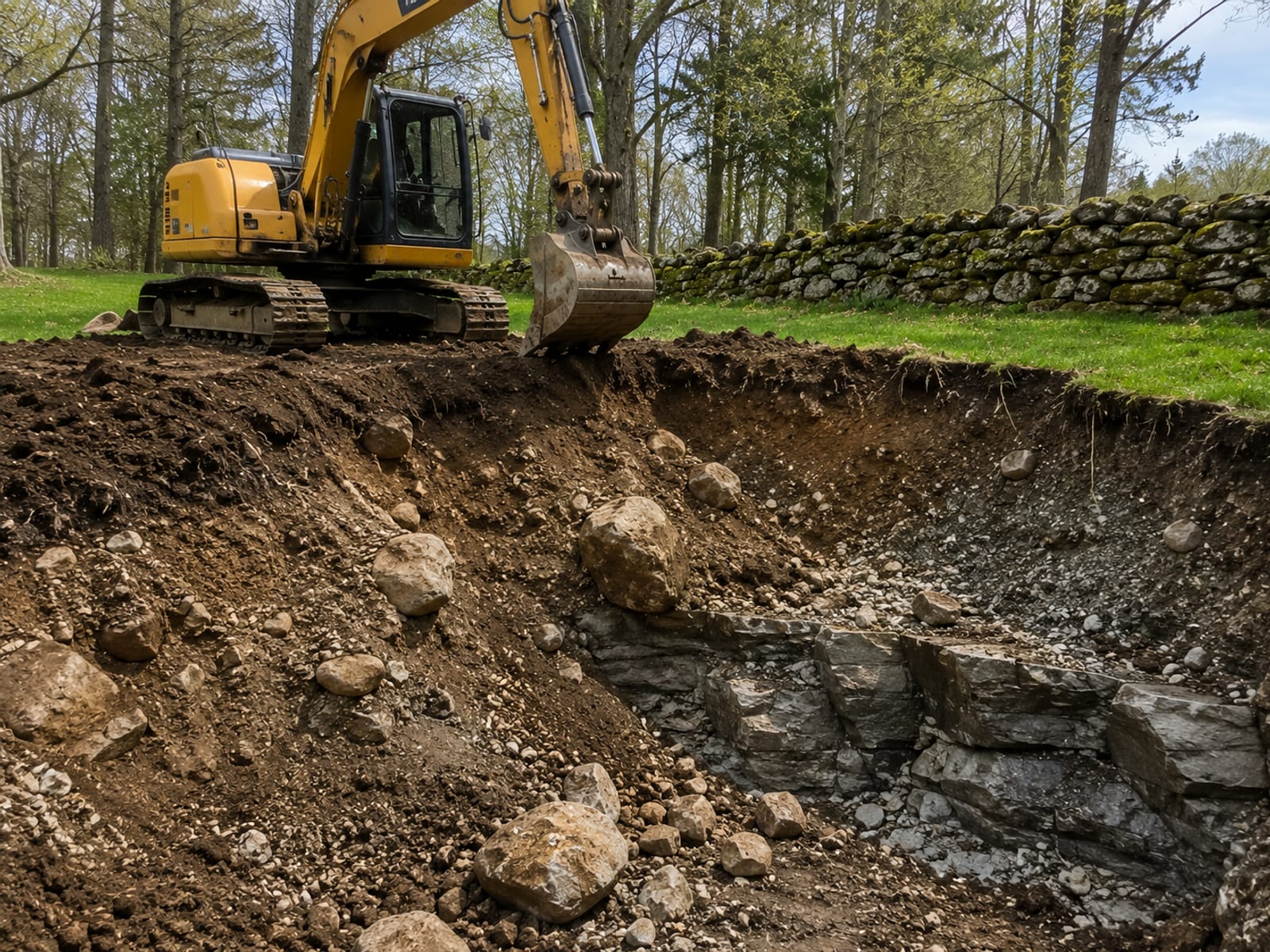 Compact yellow excavator breaking ground on a sloped rocky Connecticut residential lot with glacial boulders visible in fresh excavation