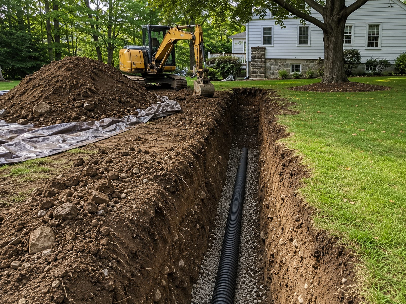 Active mid-stage residential excavation with open ground, soil stockpile, and drainage pipe installation in a Connecticut backyard