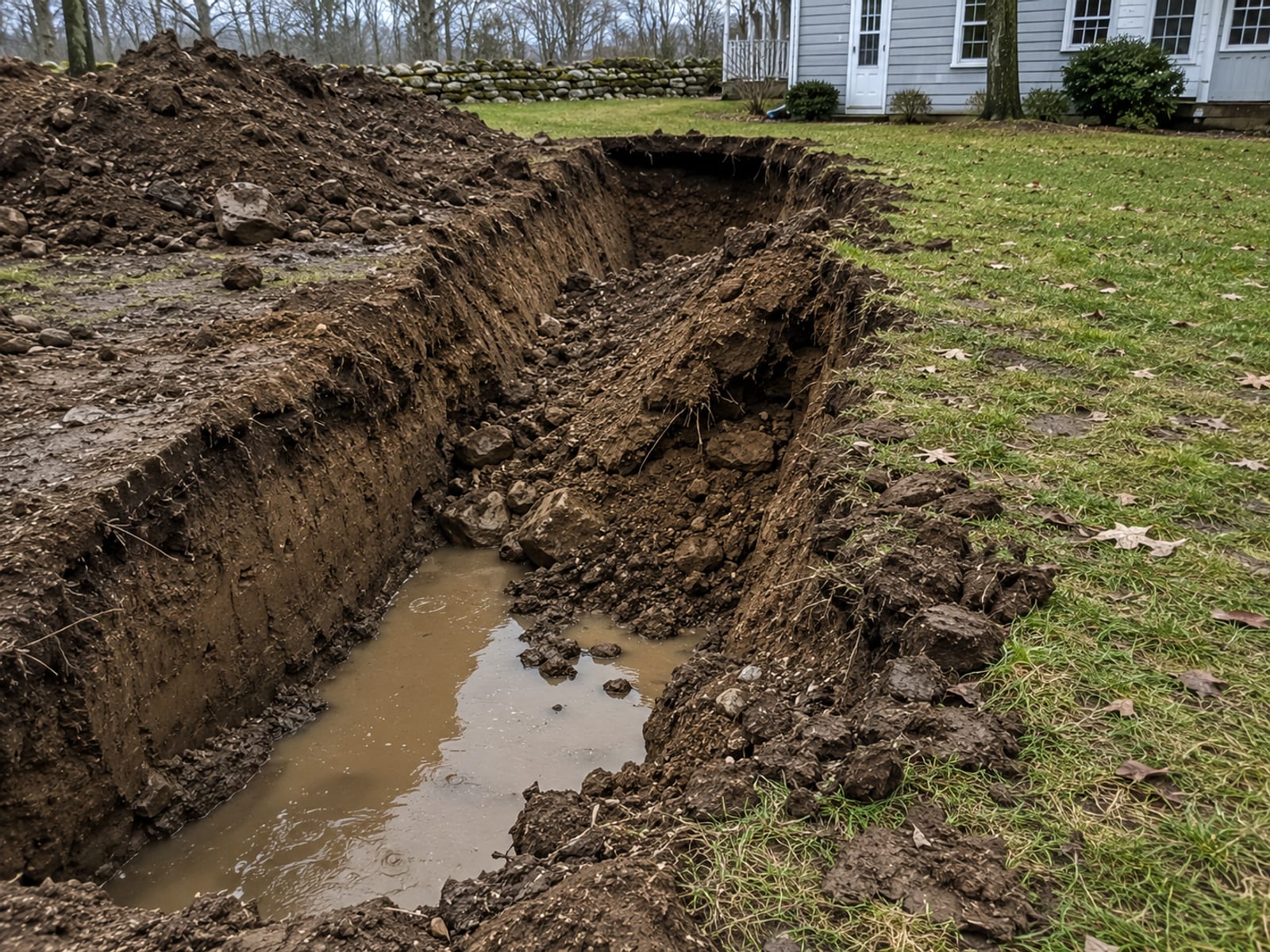 A poorly executed residential excavation site showing a collapsed trench wall, crumbling unshored earth, pooled muddy water at the trench bottom, and eroded soil spilling onto surrounding lawn